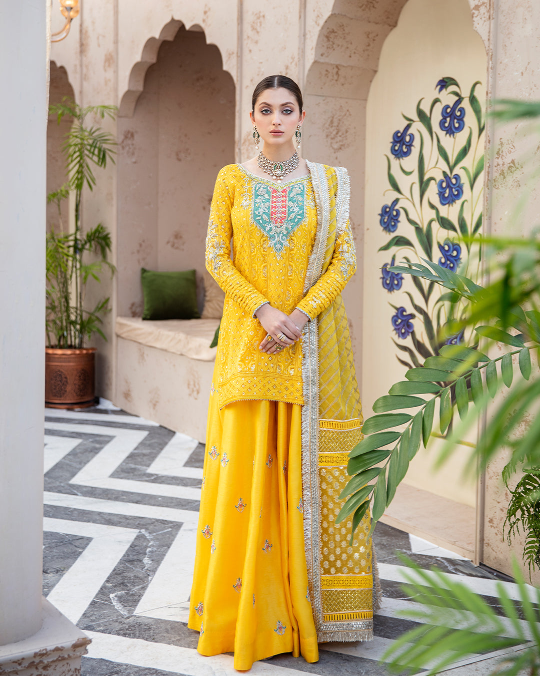 Bright Yellow Chikankari Chiffon Sharara (3-Piece) - Image 3