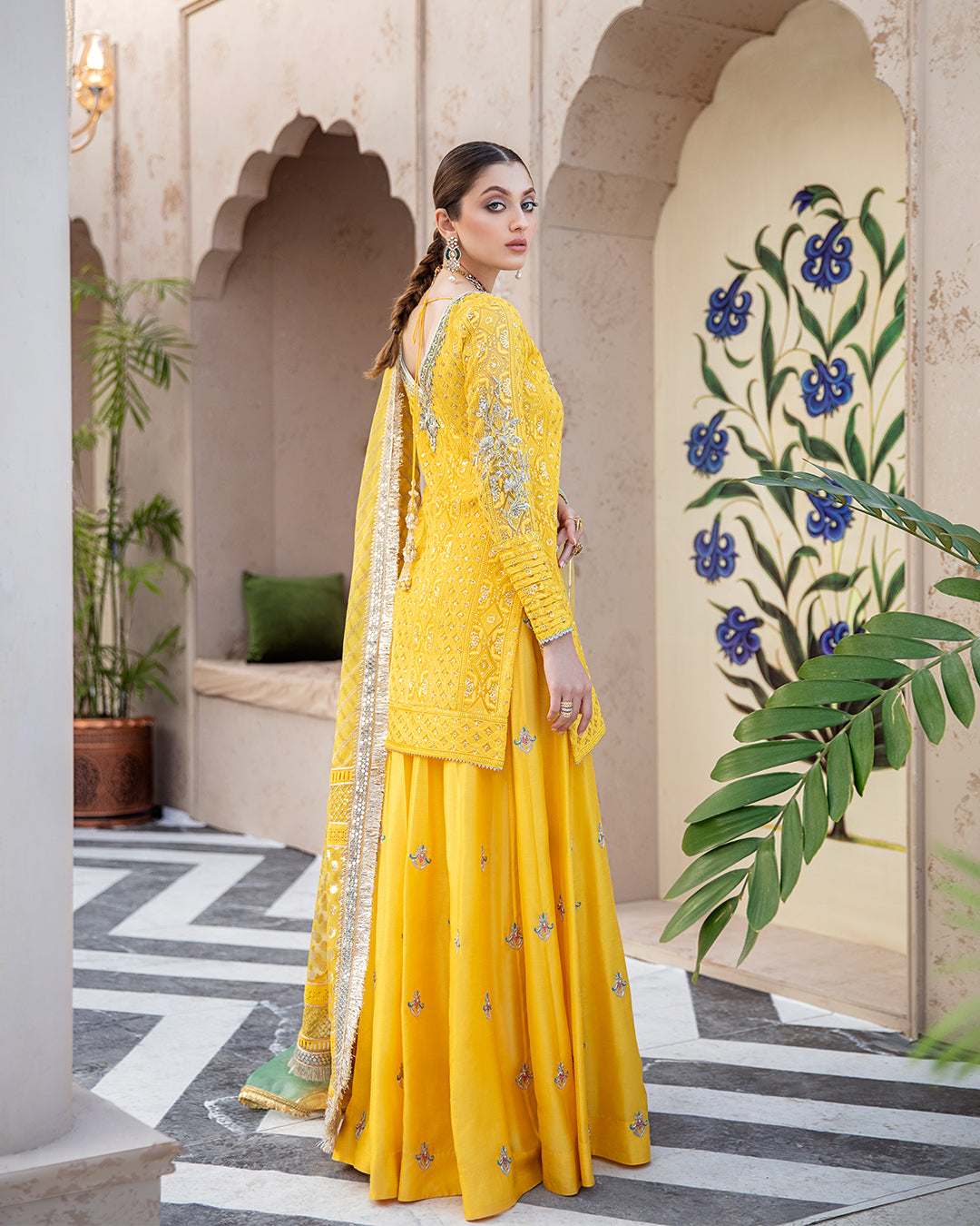 Bright Yellow Chikankari Chiffon Kurti & Raw Silk Sharara (3-Piece) - Image 2