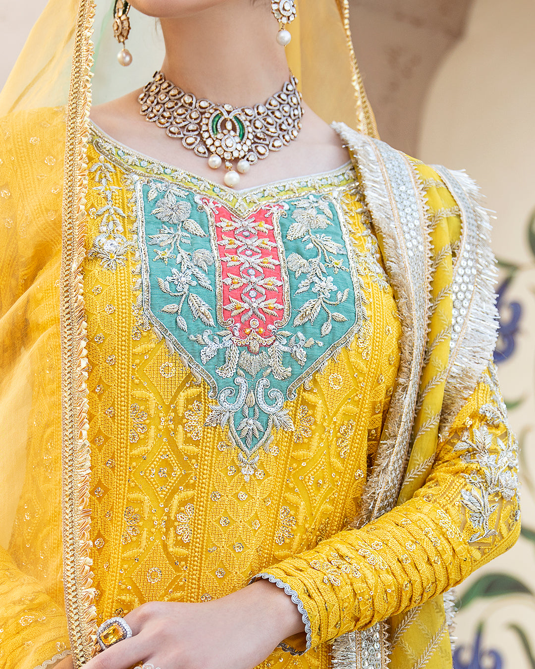 Bright Yellow Chikankari Chiffon Kurti & Raw Silk Sharara (3-Piece) - Image 4