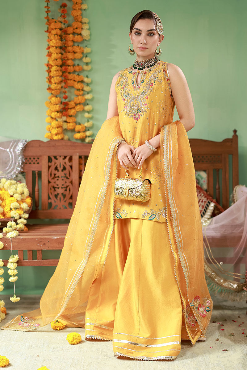 Pakistani Marigold Embellished Raw Silk Sharara (3-Piece) - Image 1