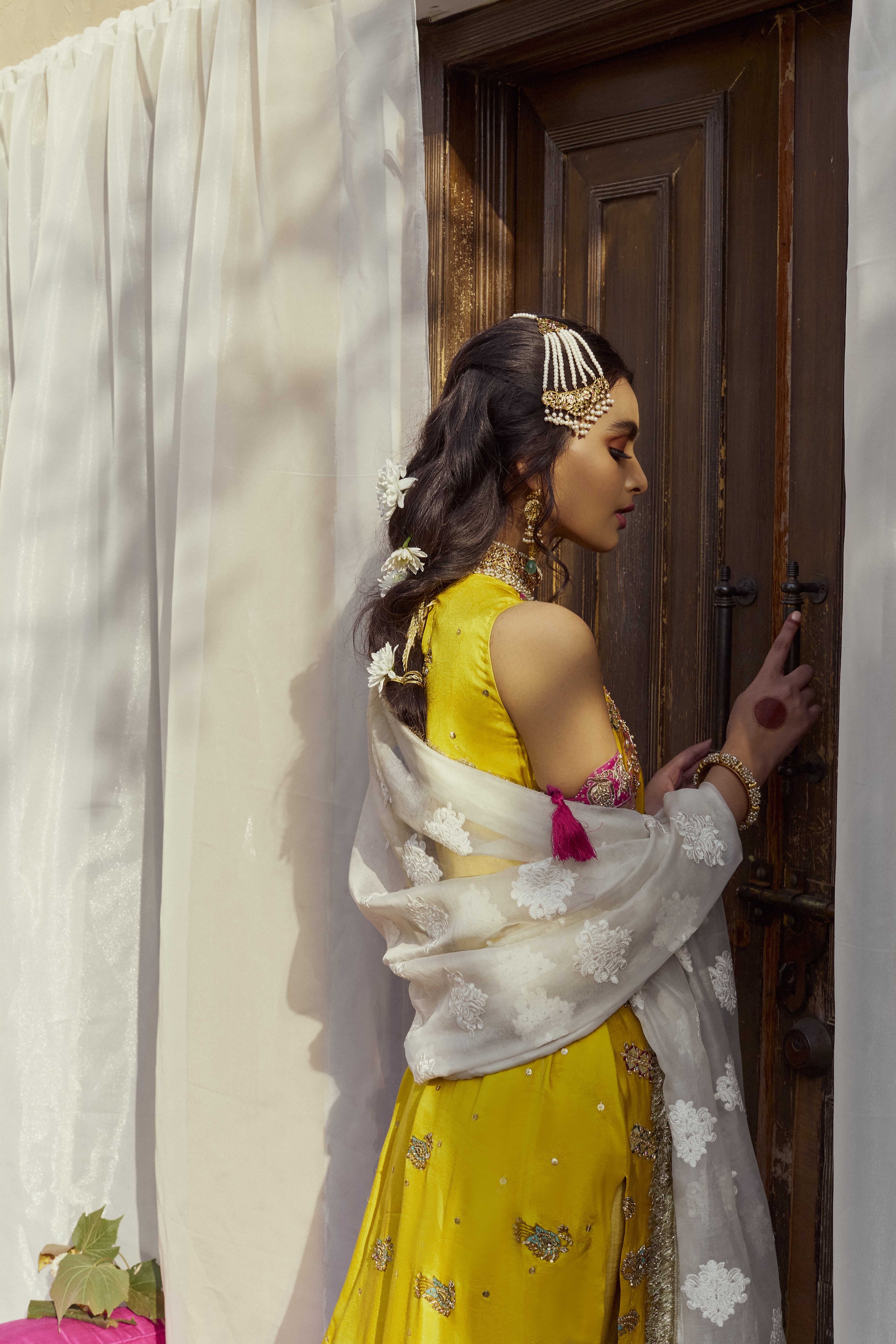 Pakistani Haldi Yellow Gota & Peacock Embroidered Raw Silk Sharara (3-Piece) - Image 1