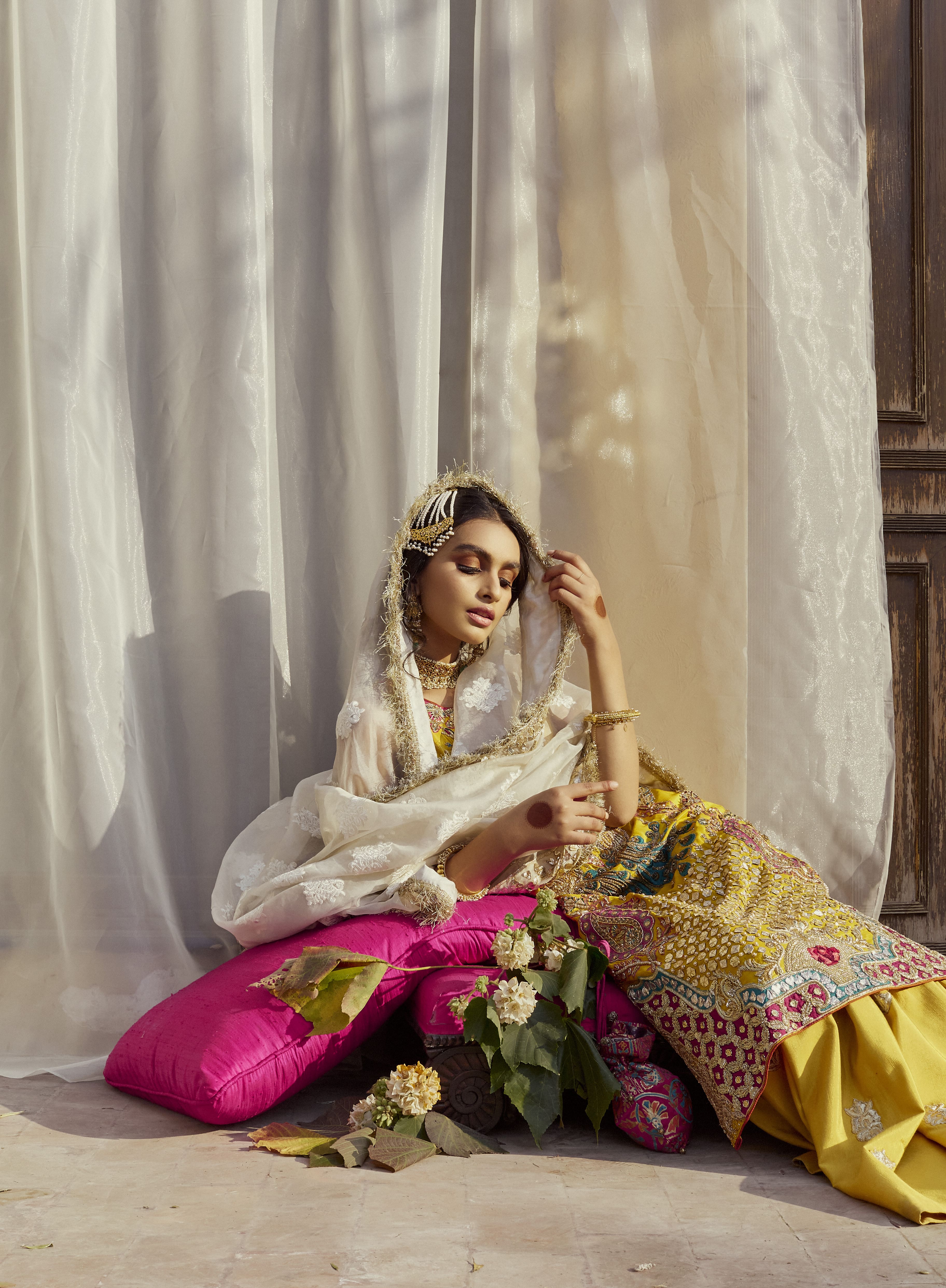 Pakistani Haldi Yellow Gota & Peacock Embroidered Raw Silk Sharara (3-Piece) - Image 2