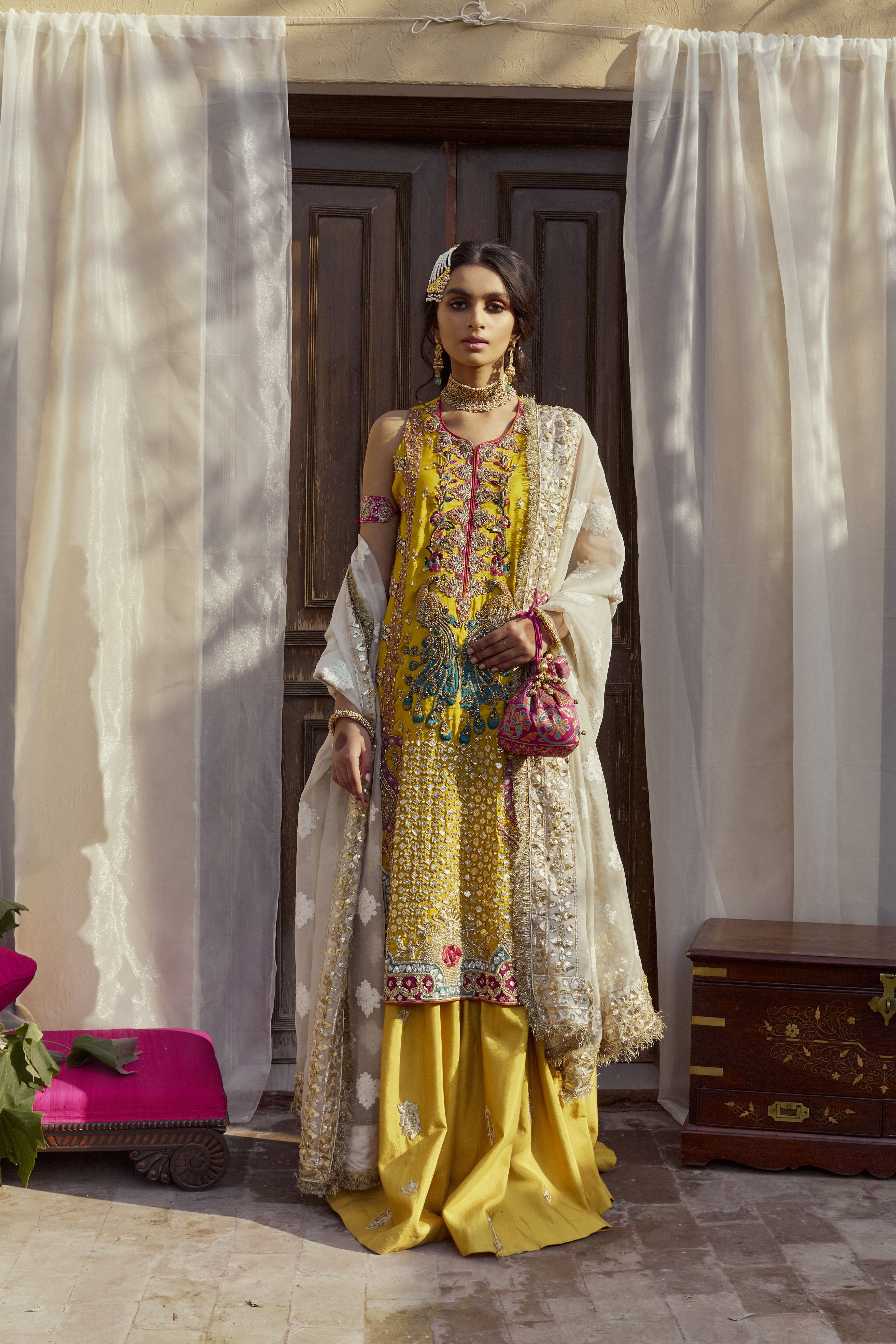 Pakistani Haldi Yellow Gota & Peacock Embroidered Raw Silk Sharara (3-Piece) - Image 3