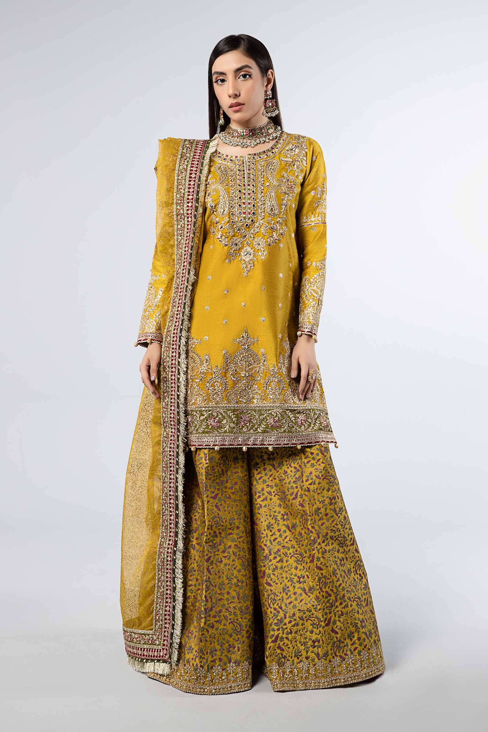 Pakistani Mustard Embroidered Raw Silk Sharara (3-Piece) - Image 1