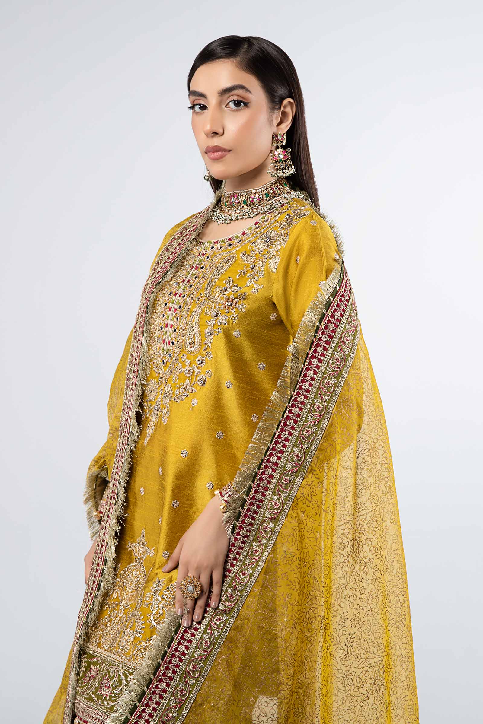 Pakistani Mustard Embroidered Raw Silk Sharara (3-Piece) - Image 2
