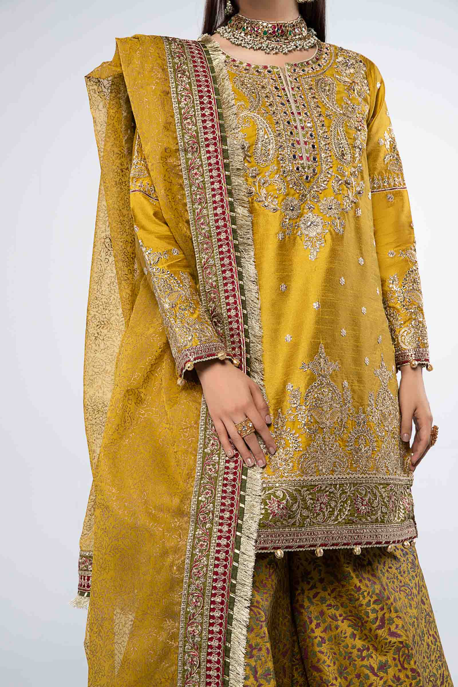 Pakistani Mustard Embroidered Raw Silk Sharara (3-Piece) - Image 3