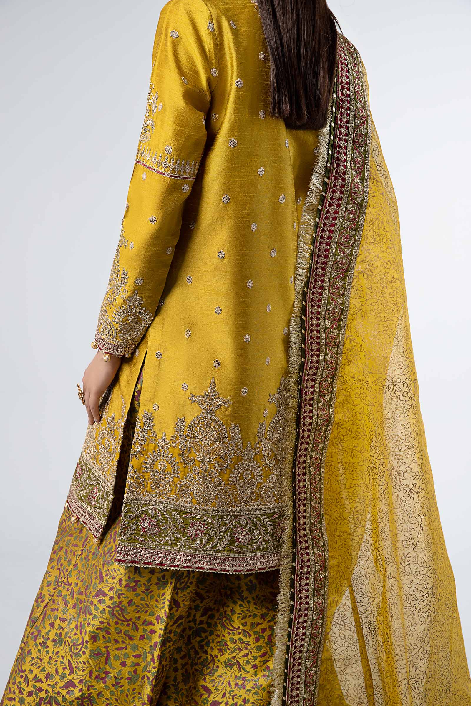Pakistani Mustard Embroidered Raw Silk Sharara (3-Piece) - Image 4