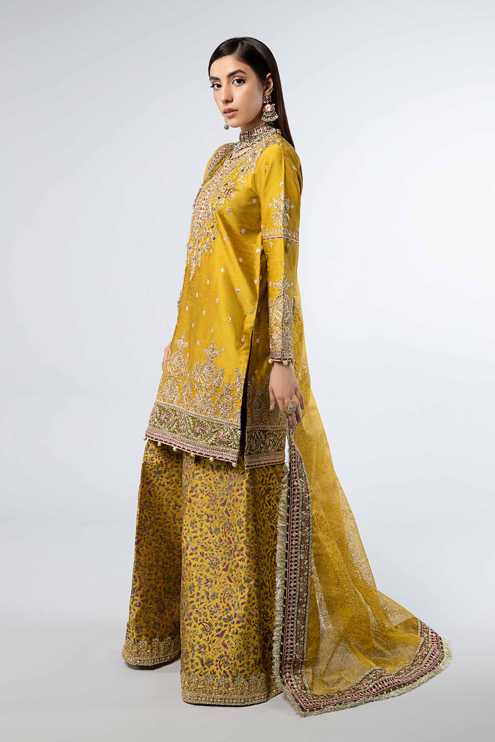 Pakistani Mustard Embroidered Raw Silk Sharara (3-Piece) - Image 5