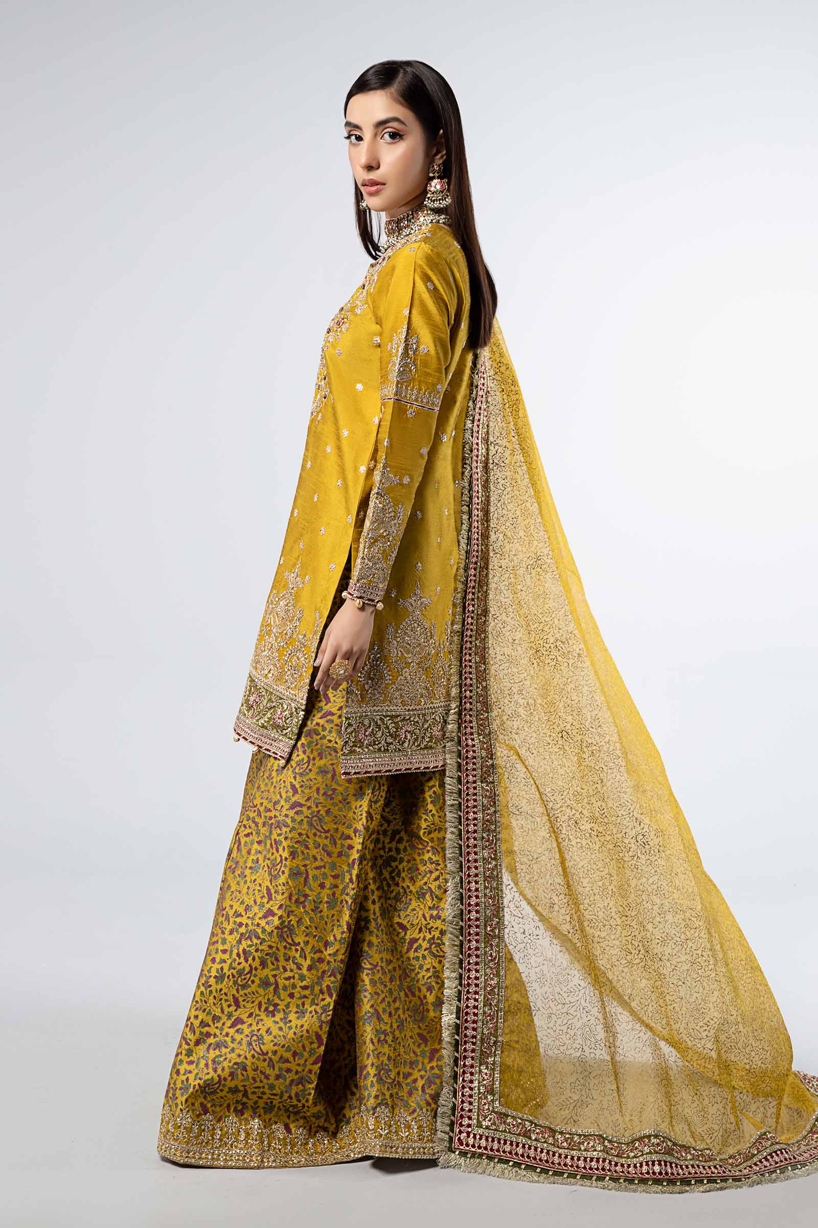 Pakistani Mustard Embroidered Raw Silk Sharara (3-Piece) - Image 6
