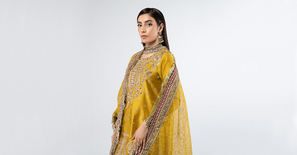 Pakistani Mustard Embroidered Raw Silk Sharara (3-Piece) - Image 7