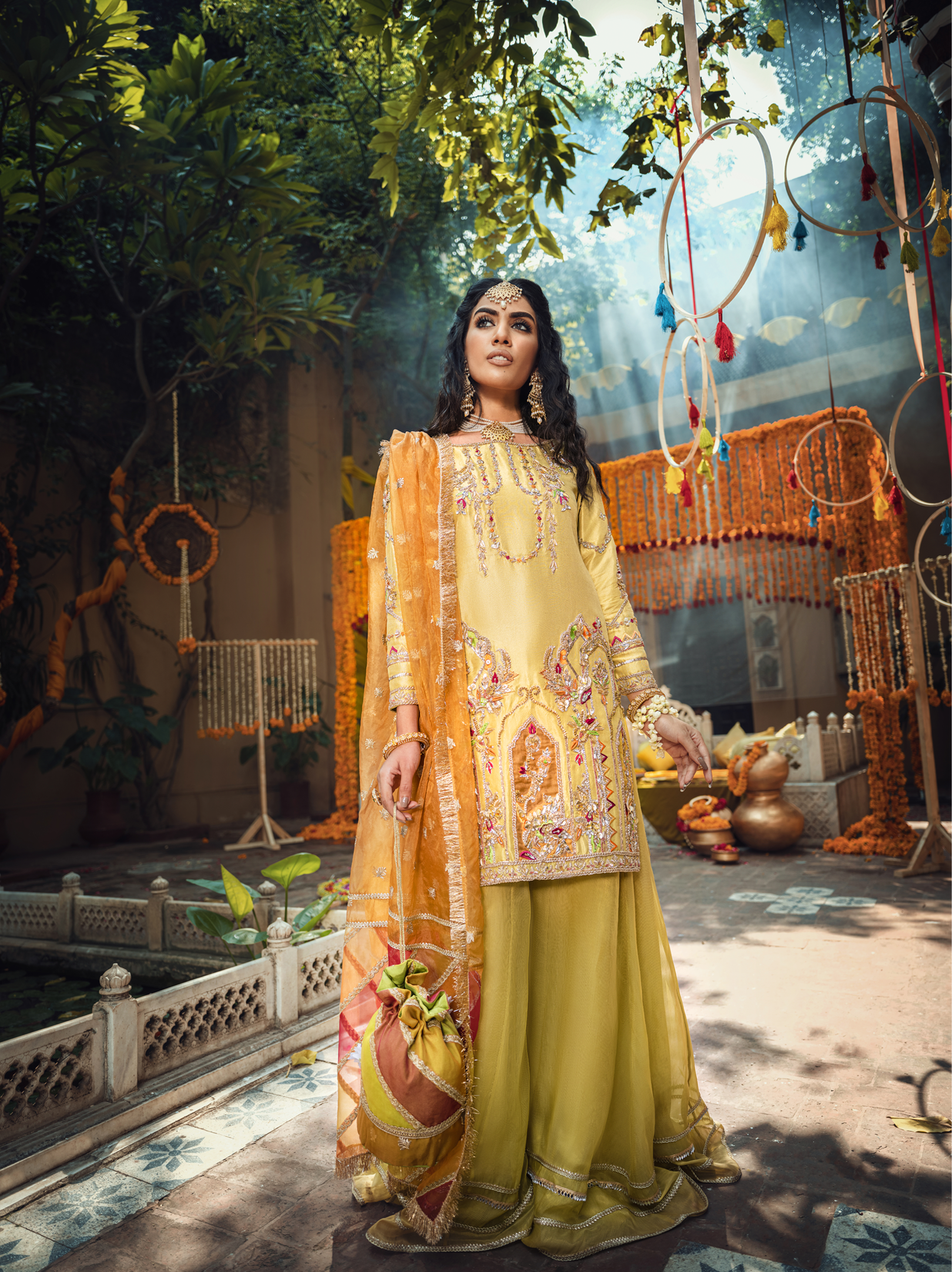 Mustard Embroidered Raw Silk Sharara Dress (3-Piece) - Image 2