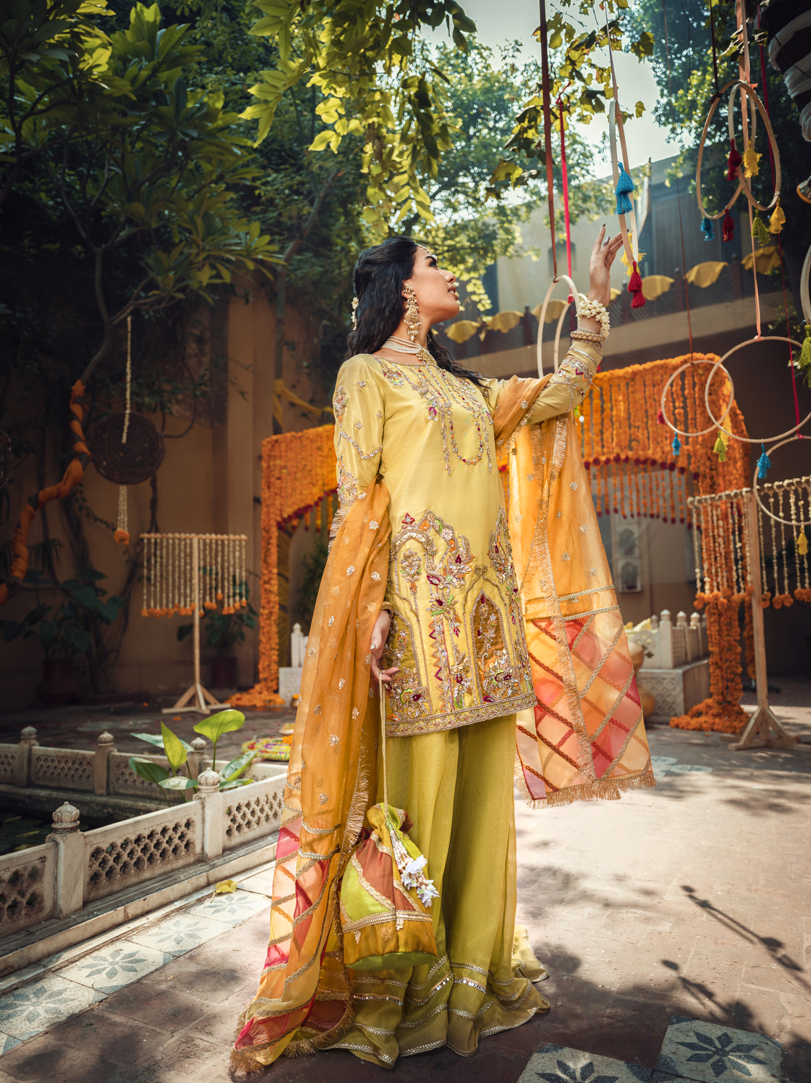 Mustard Embroidered Raw Silk Sharara Dress (3-Piece) - Image 3