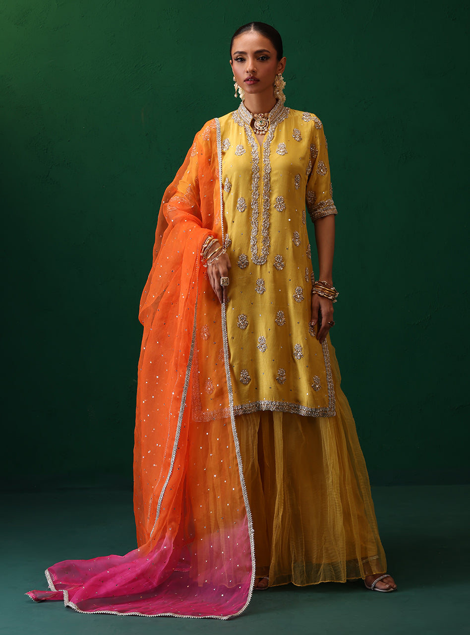 Pakistani Yellow Embroidered Rawsilk & Organza Sharara (3-Piece) - Image 1