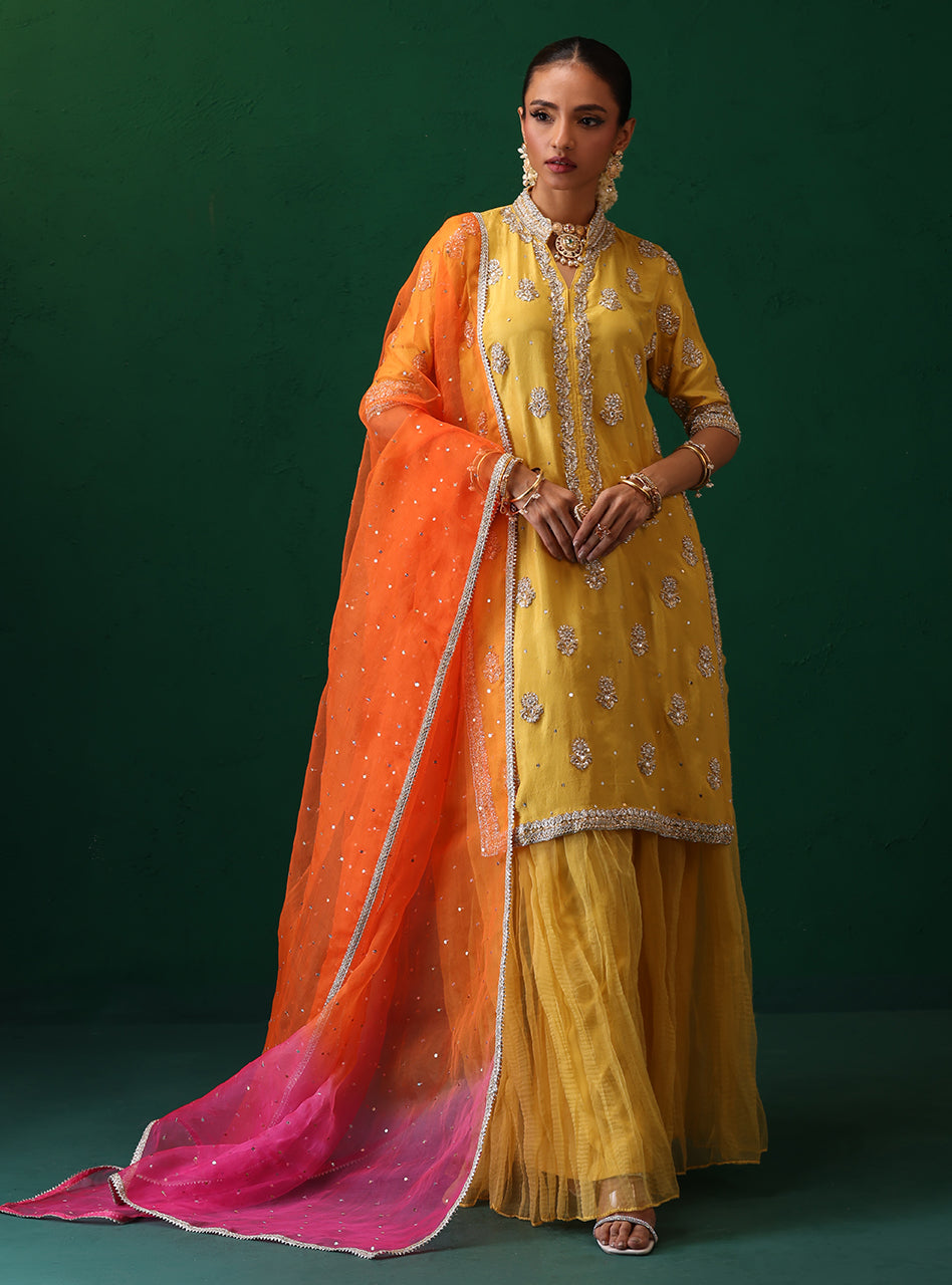 Pakistani Yellow Embroidered Rawsilk & Organza Sharara (3-Piece) - Image 2