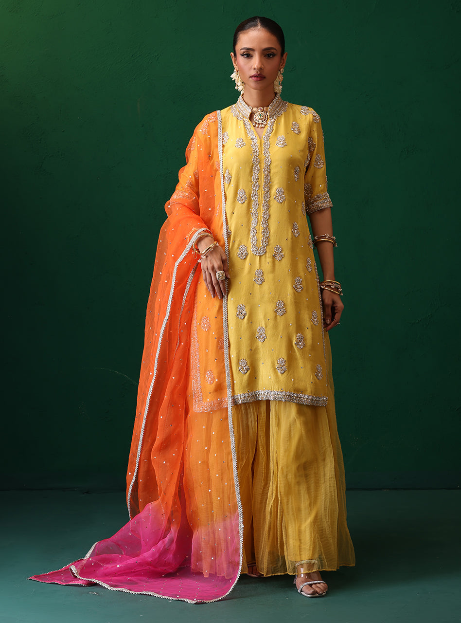 Pakistani Yellow Embroidered Rawsilk & Organza Sharara (3-Piece) - Image 3