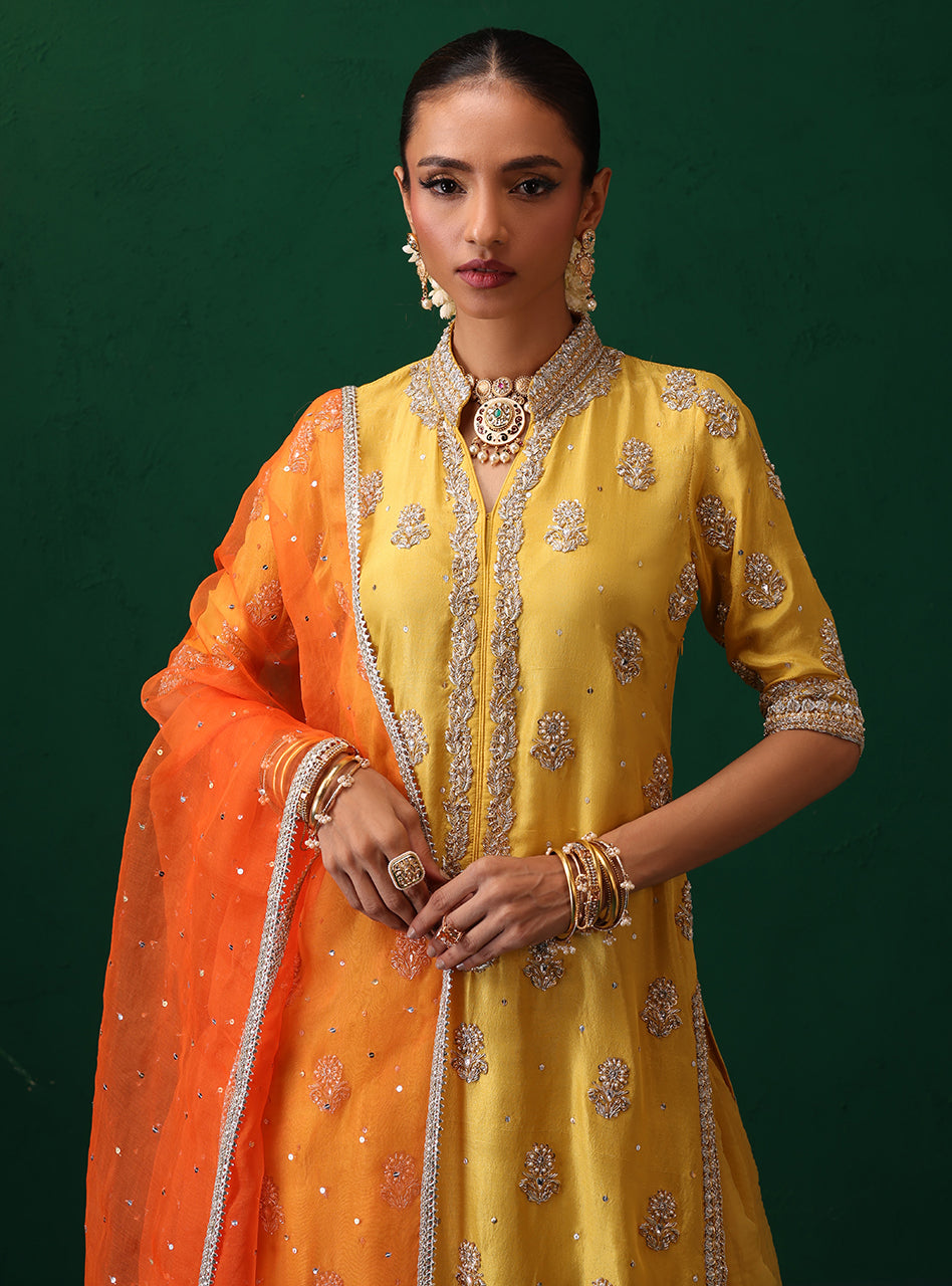 Pakistani Yellow Embroidered Rawsilk & Organza Sharara (3-Piece) - Image 4