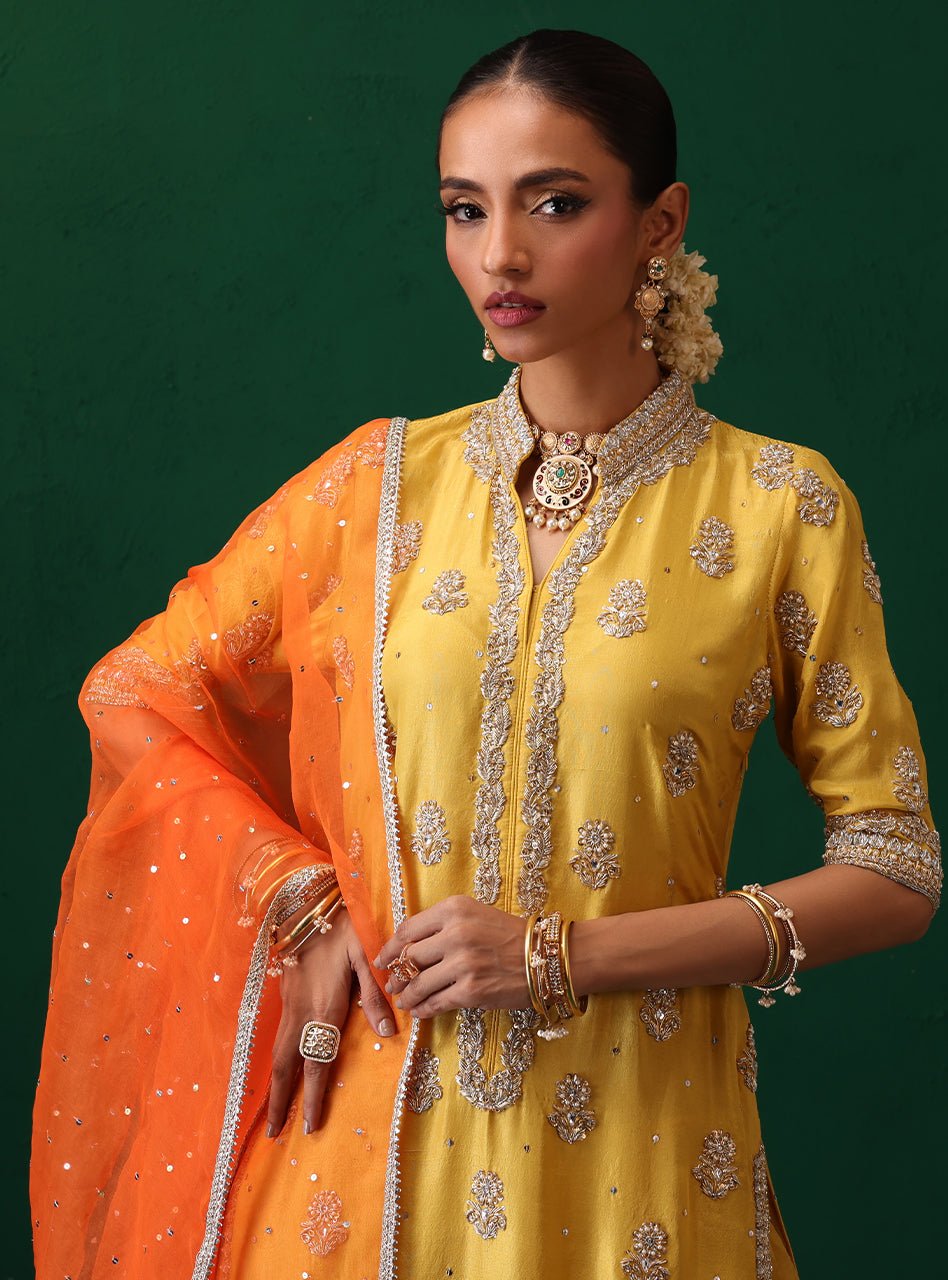 Pakistani Yellow Embroidered Rawsilk & Organza Sharara (3-Piece) - Image 5