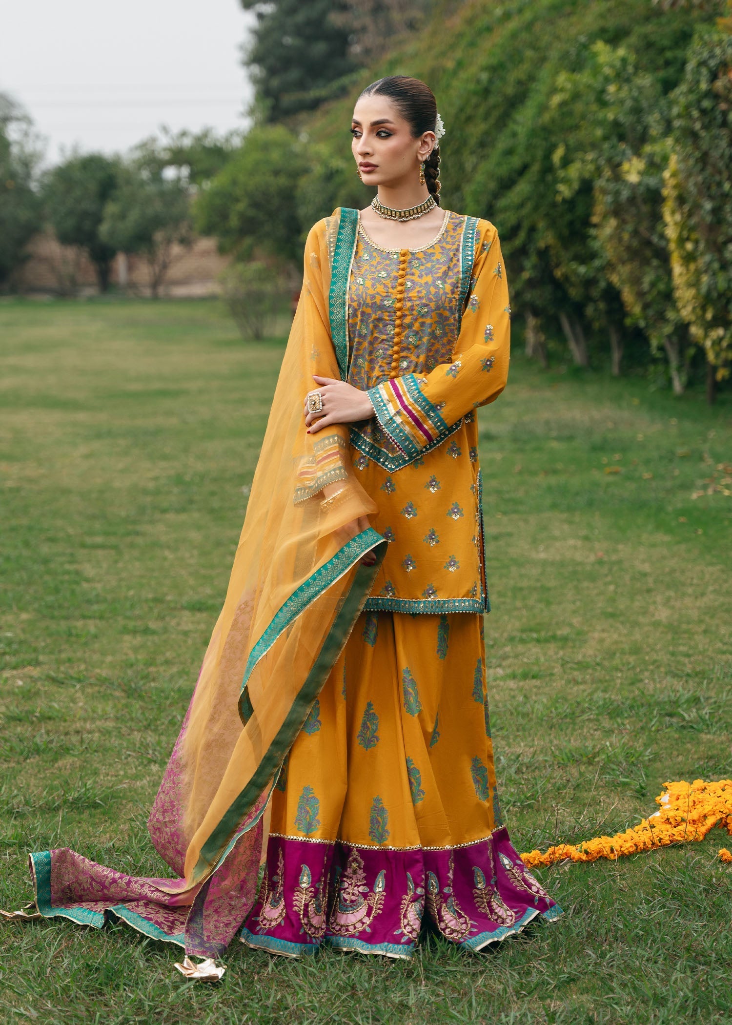 Pakistani Mustard Gota Embroidered Silk Sharara Set (3-Piece) - Image 1