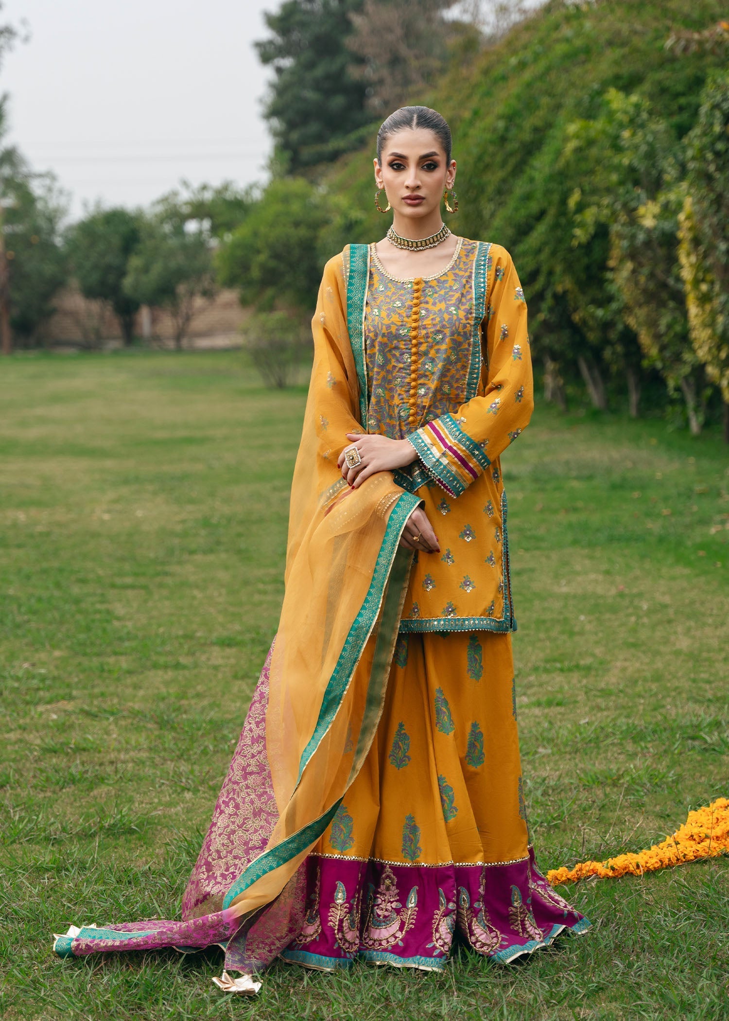 Pakistani Mustard Gota Embroidered Silk Sharara Set (3-Piece) - Image 2