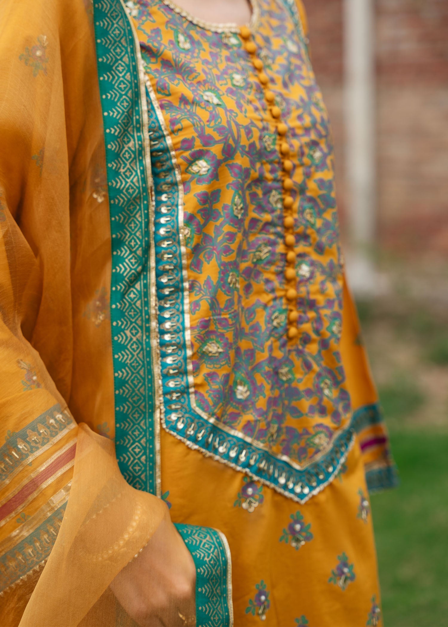 Pakistani Mustard Gota Embroidered Silk Sharara Set (3-Piece) - Image 3