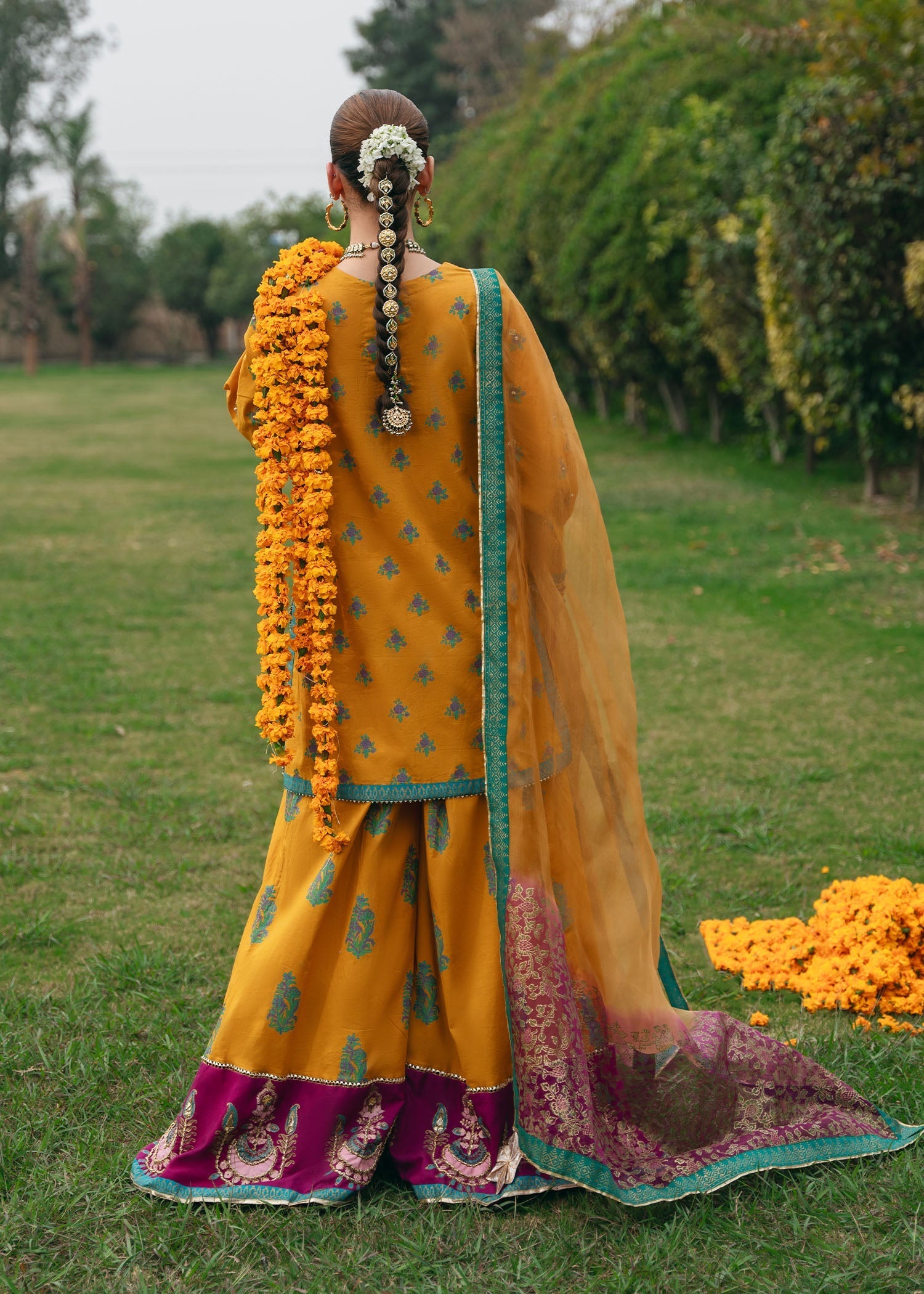 Pakistani Mustard Gota Embroidered Silk Sharara Set (3-Piece) - Image 4