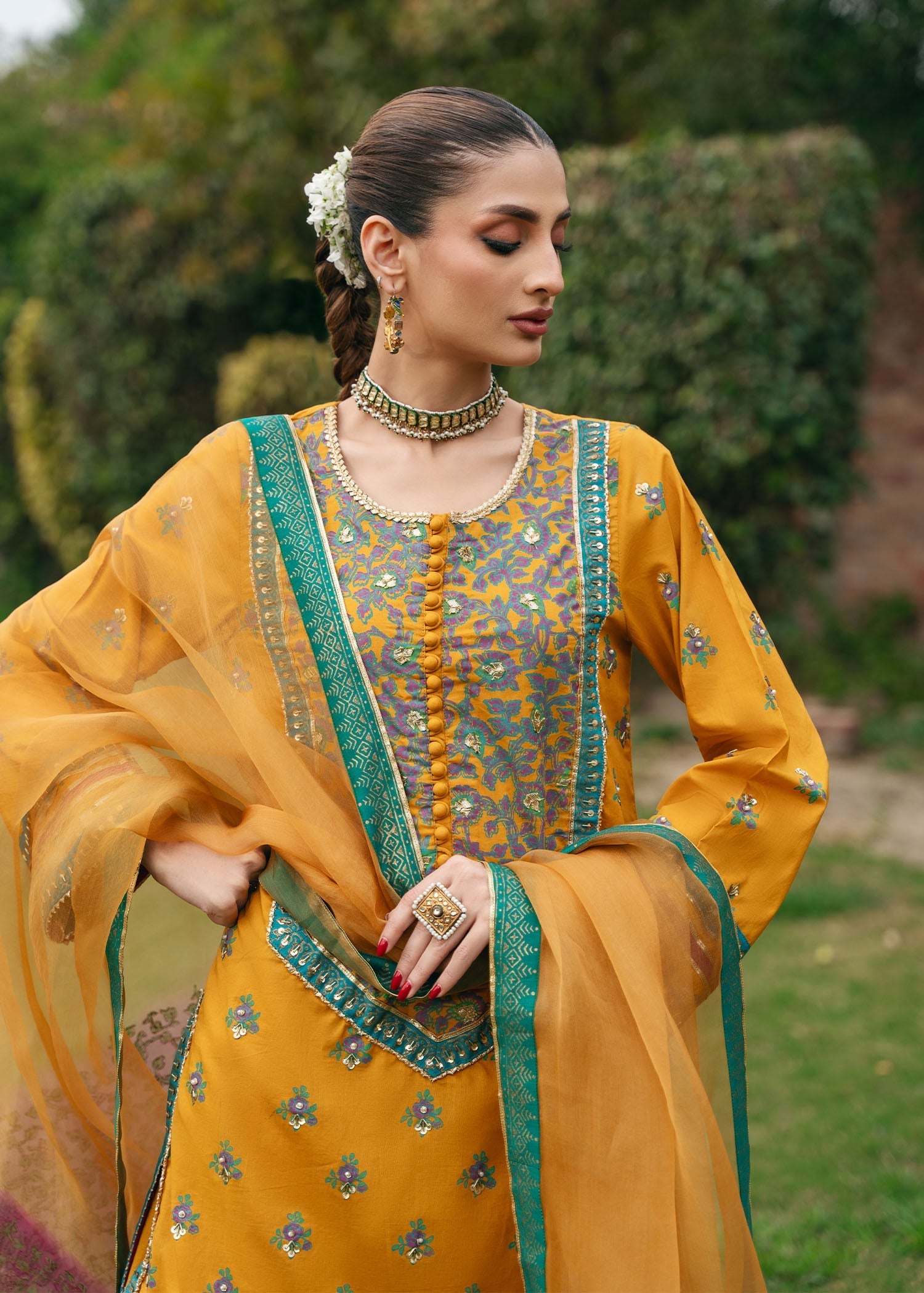 Pakistani Mustard Gota Embroidered Silk Sharara Set (3-Piece) - Image 6