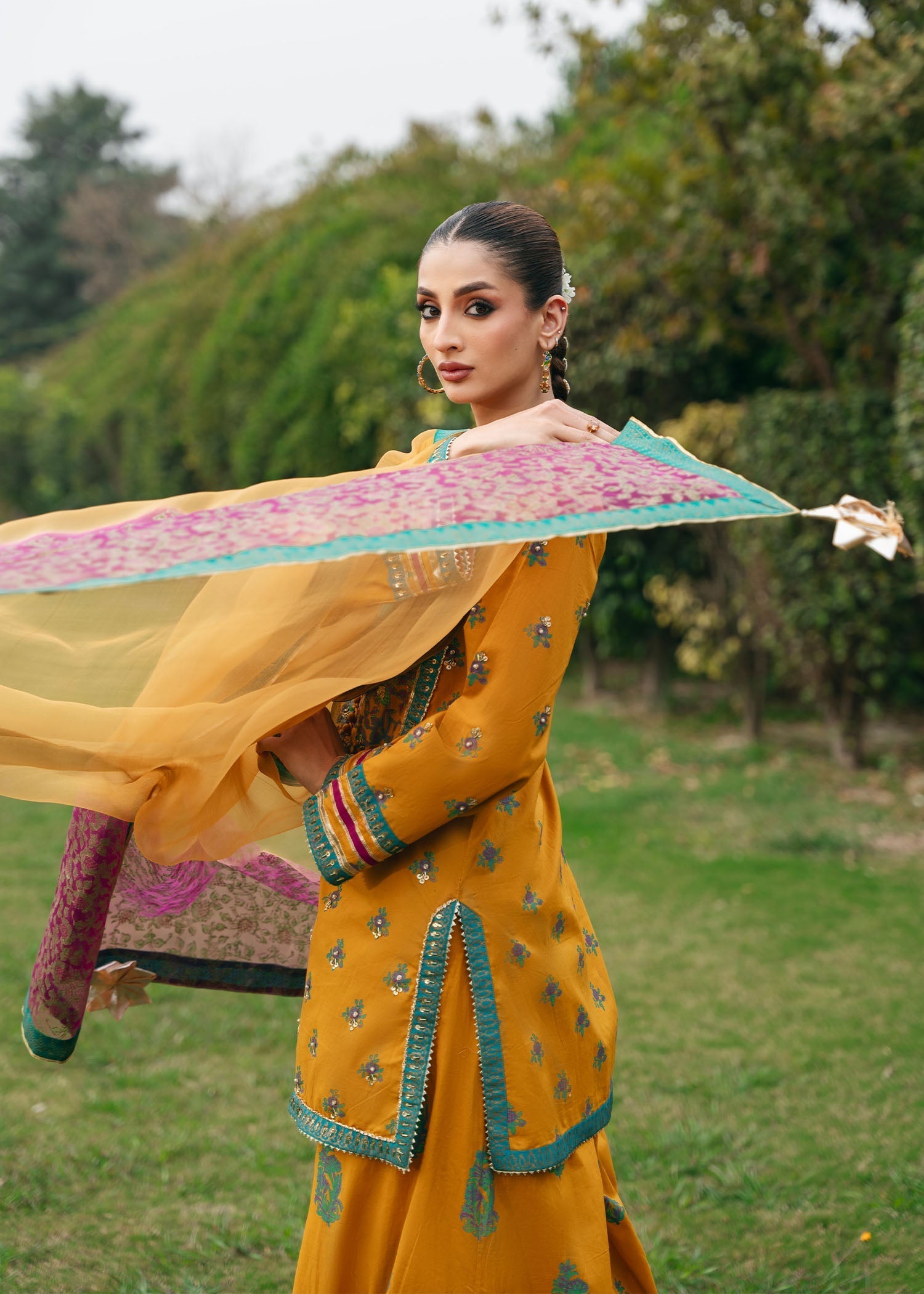 Pakistani Mustard Gota Embroidered Silk Sharara Set (3-Piece) - Image 7