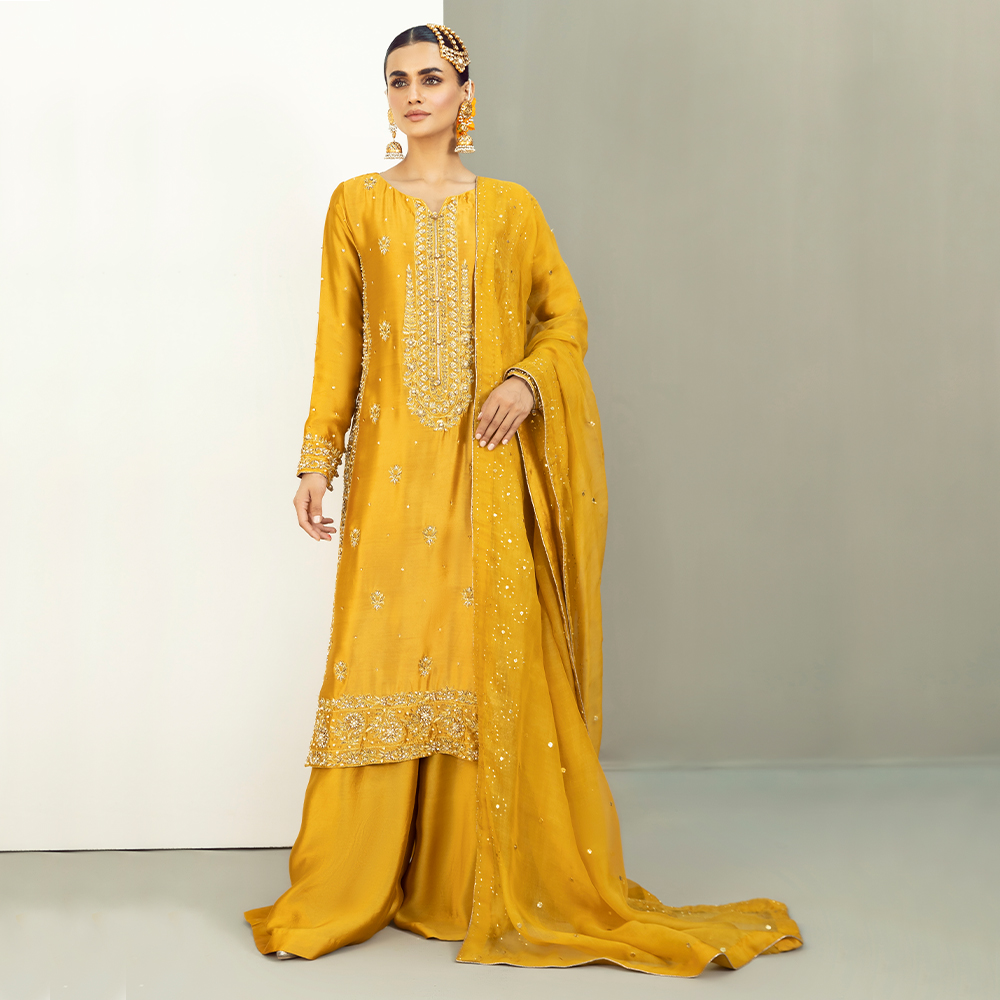 Mikado Yellow Zardozi Pure Tissue Silk Sharara (3-Piece) - Image 1