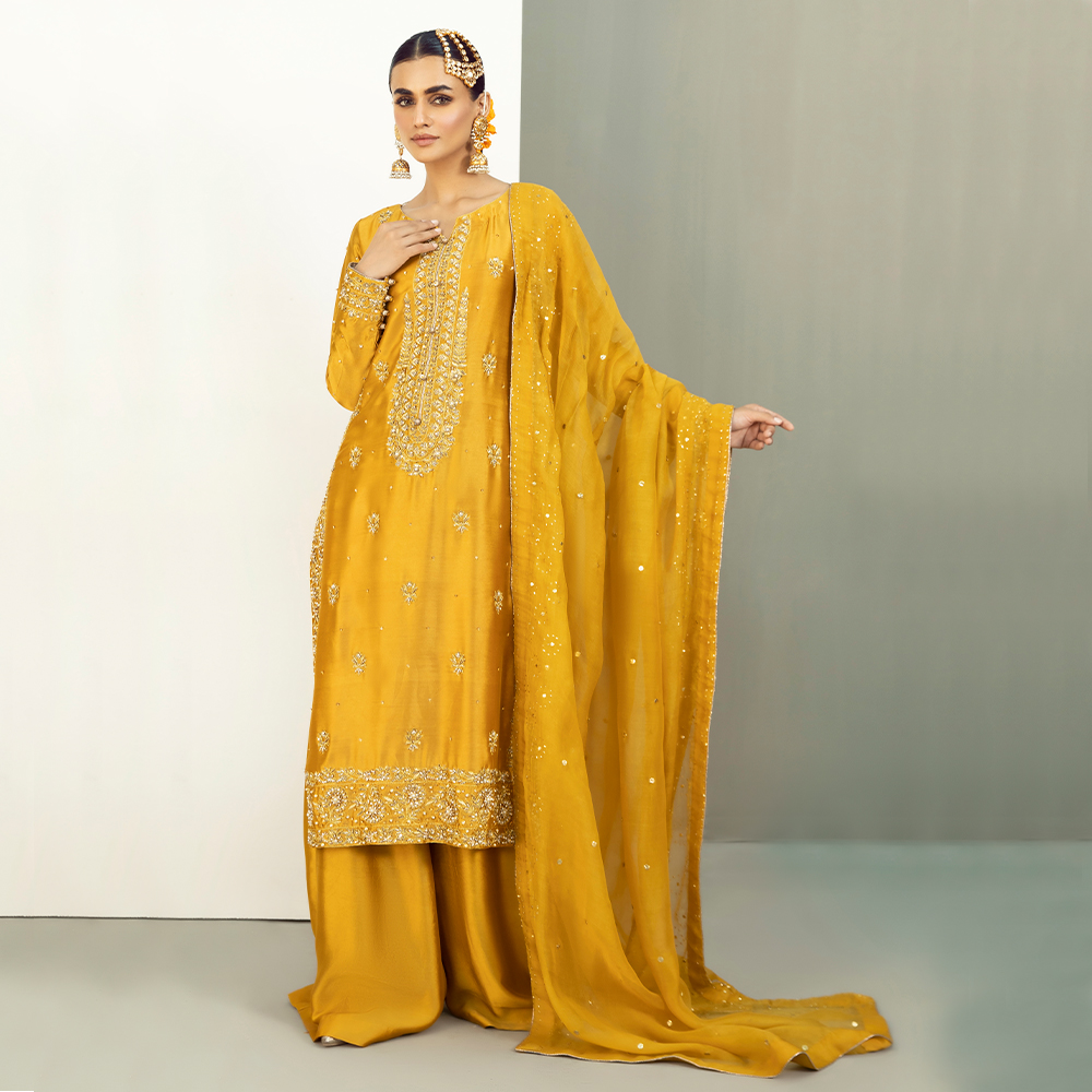 Mikado Yellow Zardozi Pure Tissue Silk Sharara (3-Piece) - Image 2