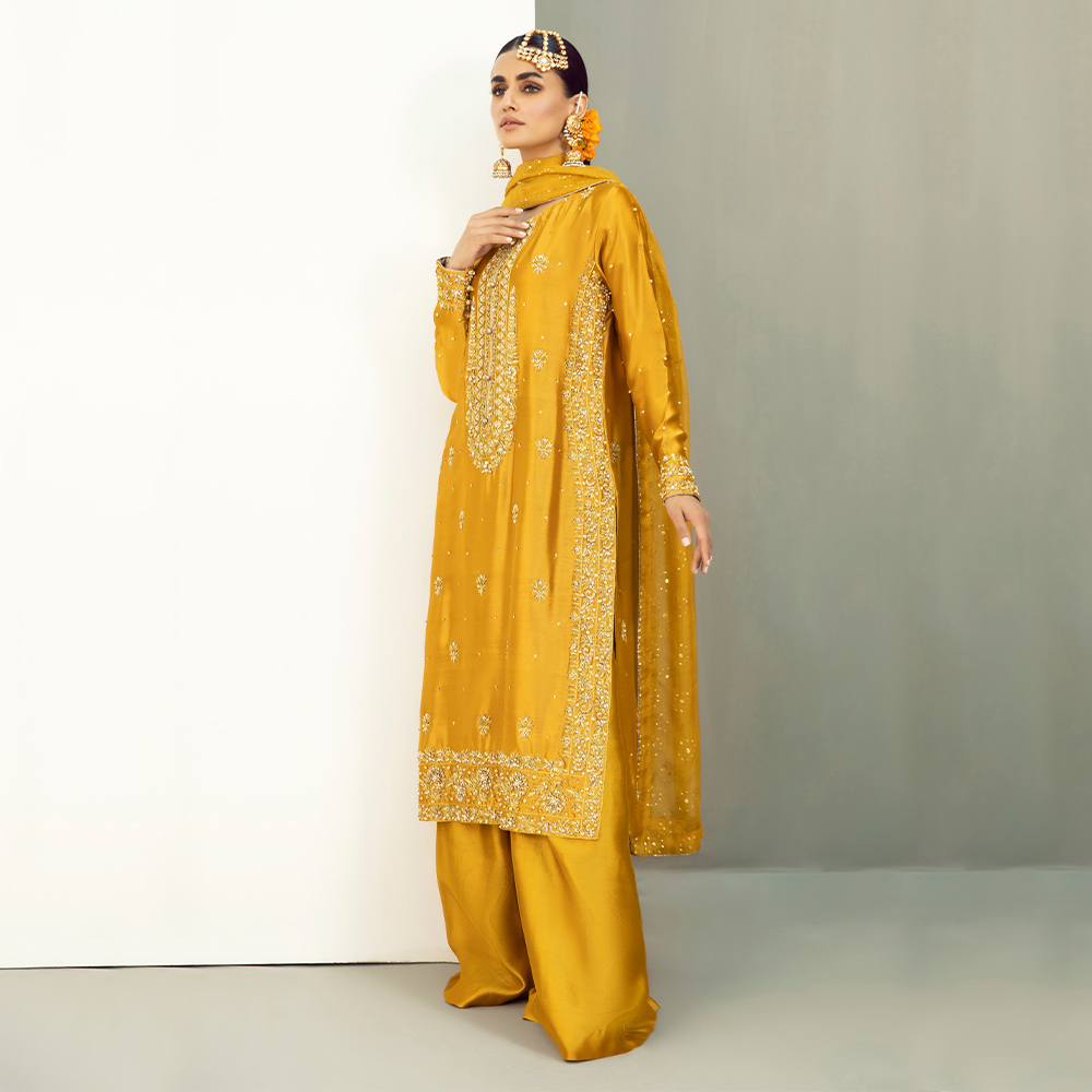 Mikado Yellow Zardozi Pure Tissue Silk Sharara (3-Piece) - Image 3