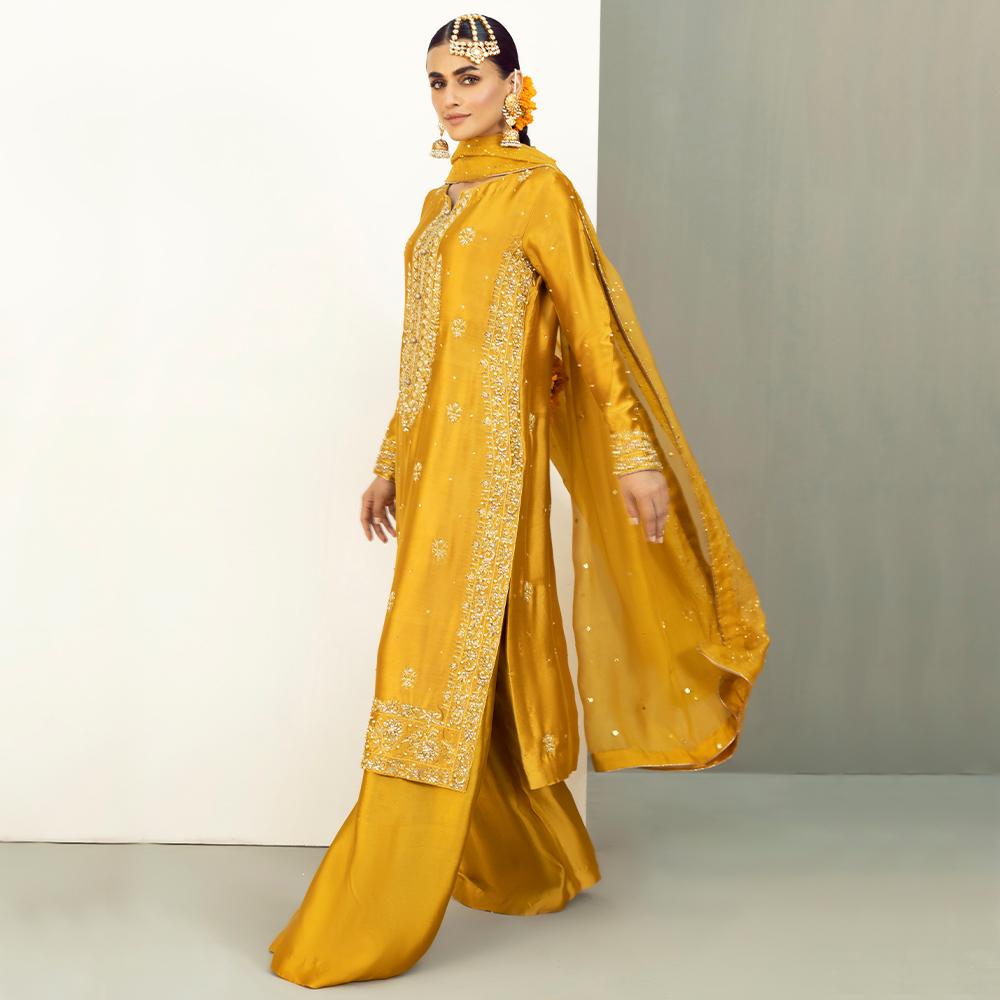 Mikado Yellow Zardozi Pure Tissue Silk Sharara (3-Piece) - Image 4