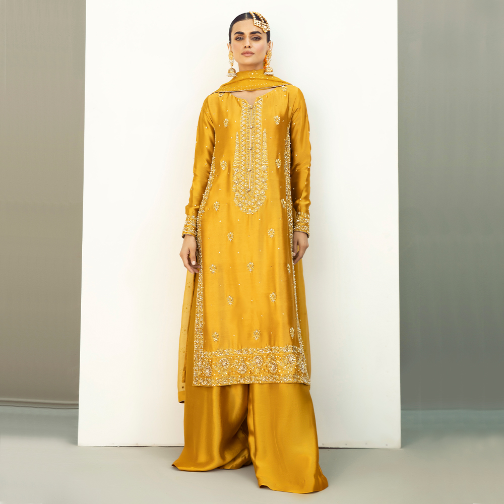 Mikado Yellow Zardozi Pure Tissue Silk Sharara (3-Piece) - Image 5