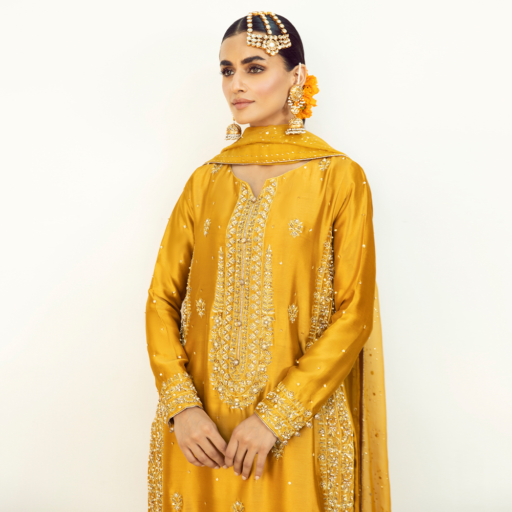 Mikado Yellow Zardozi Pure Tissue Silk Sharara (3-Piece) - Image 6