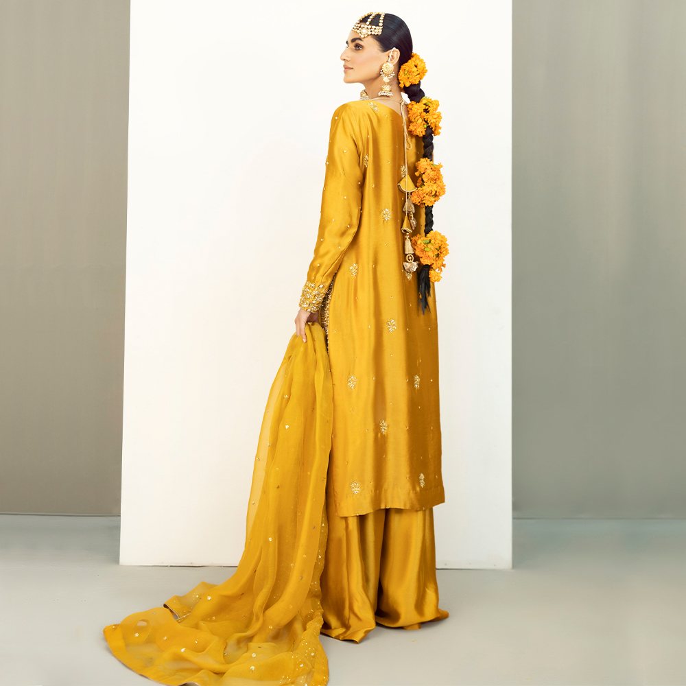 Mikado Yellow Zardozi Pure Tissue Silk Sharara (3-Piece) - Image 7