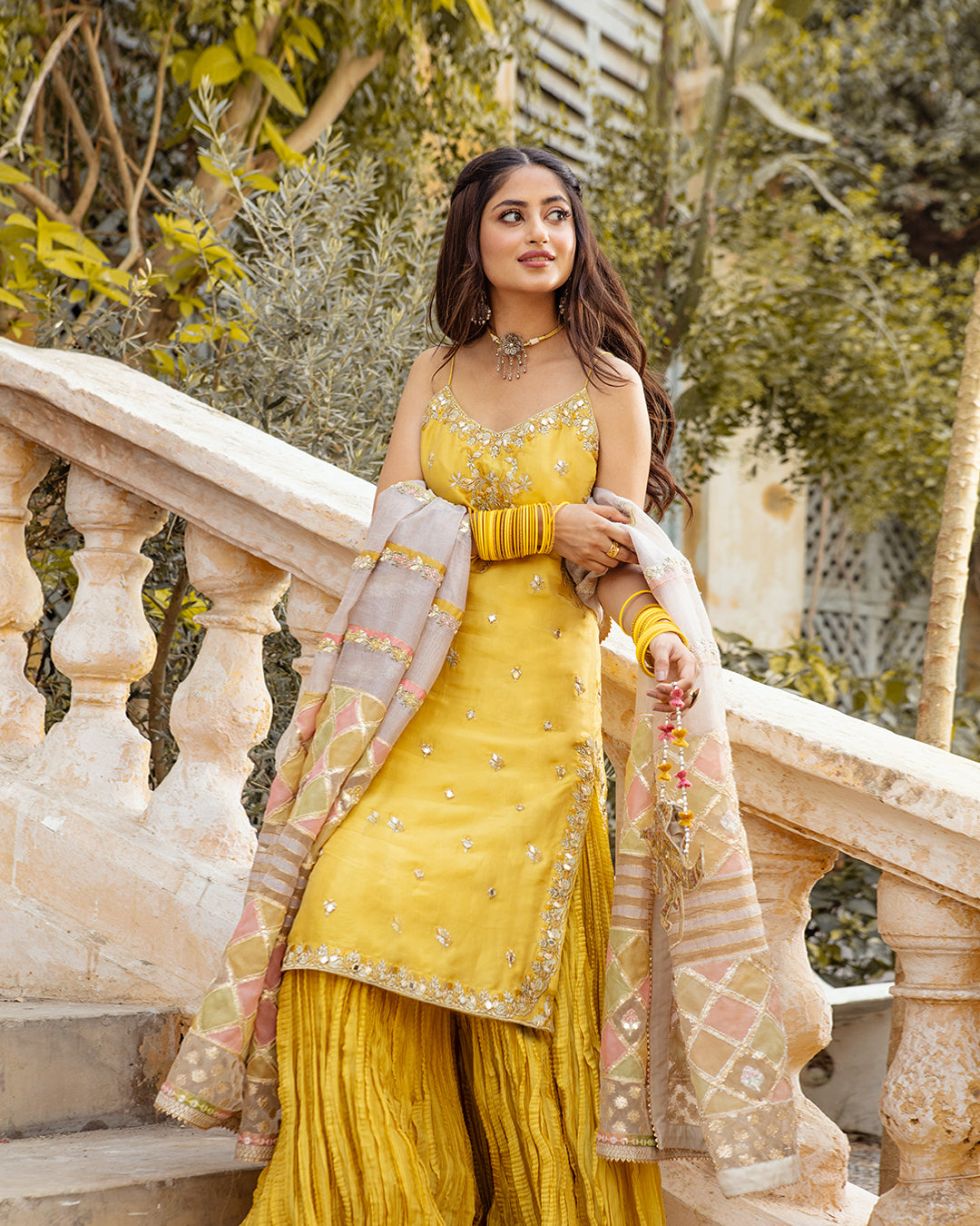 Yellow Embroidered Tussar Silk Sharara (3-Piece) - Image 1