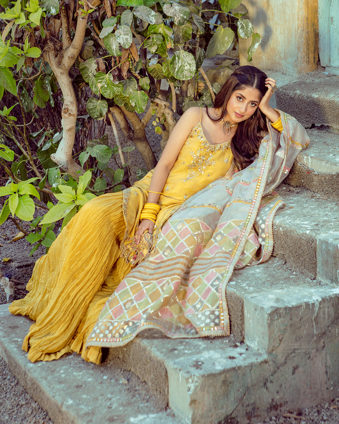 Yellow Embroidered Tussar Silk Sharara (3-Piece) - Image 5