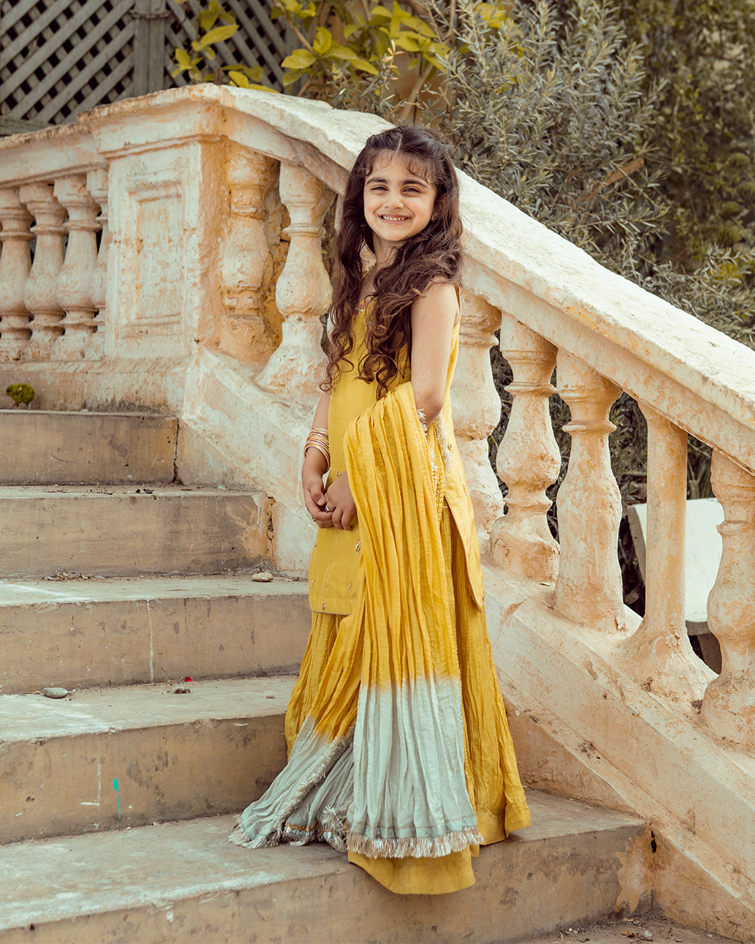 Yellow Shisha Embroidered Tussar Silk Sharara (3-Piece) - Image 1