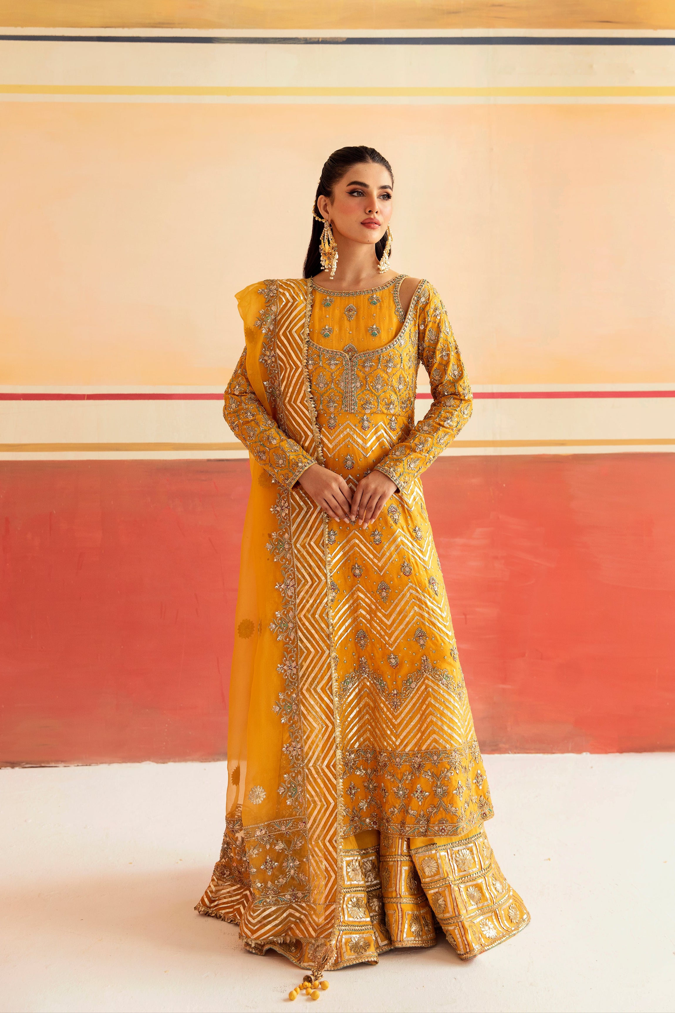 Saffron Yellow Zari Cotton Silk Sharara (3-Piece) - Image 1