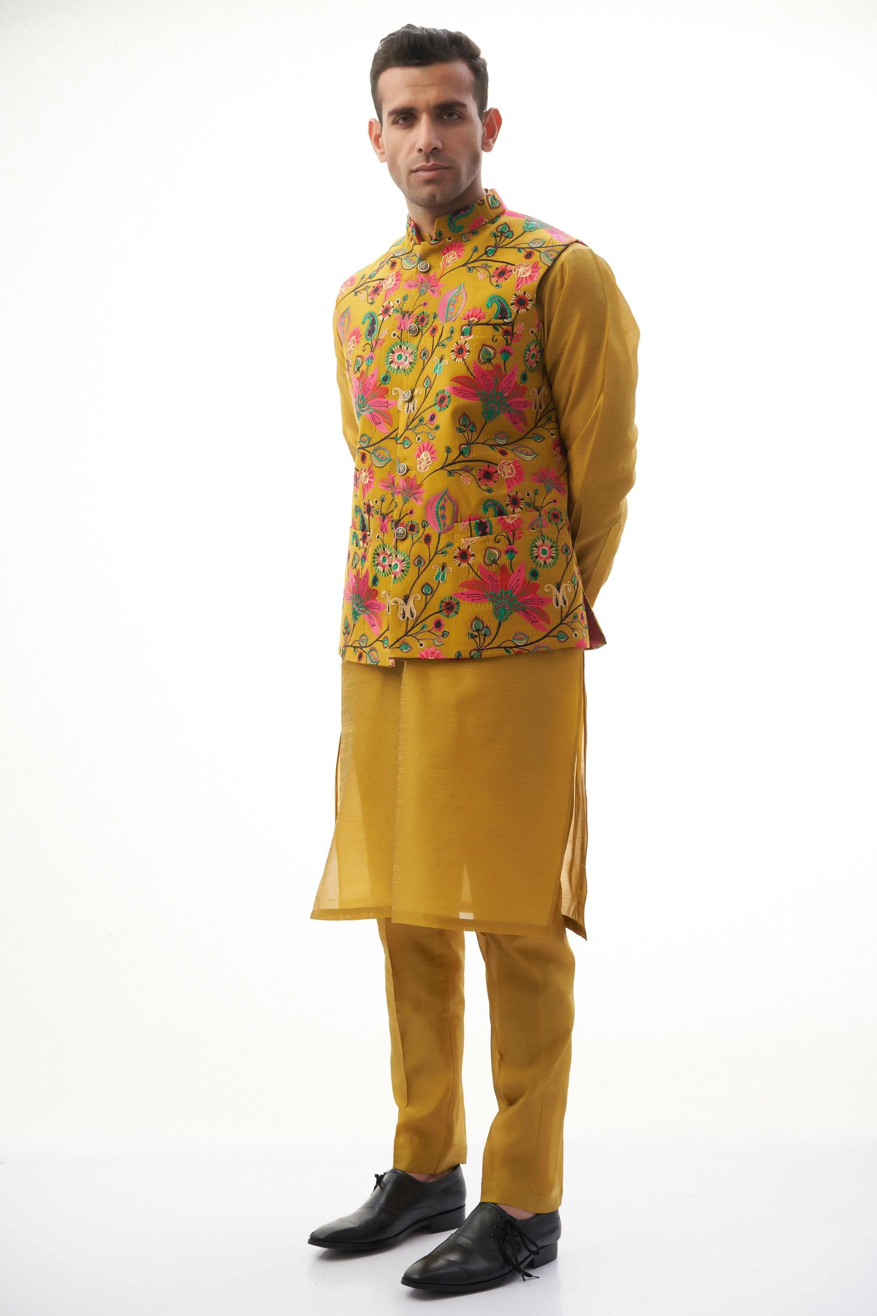 Mustard Yellow Resham Embroidered Waistcoat Kurta (3-Piece) - Image 2