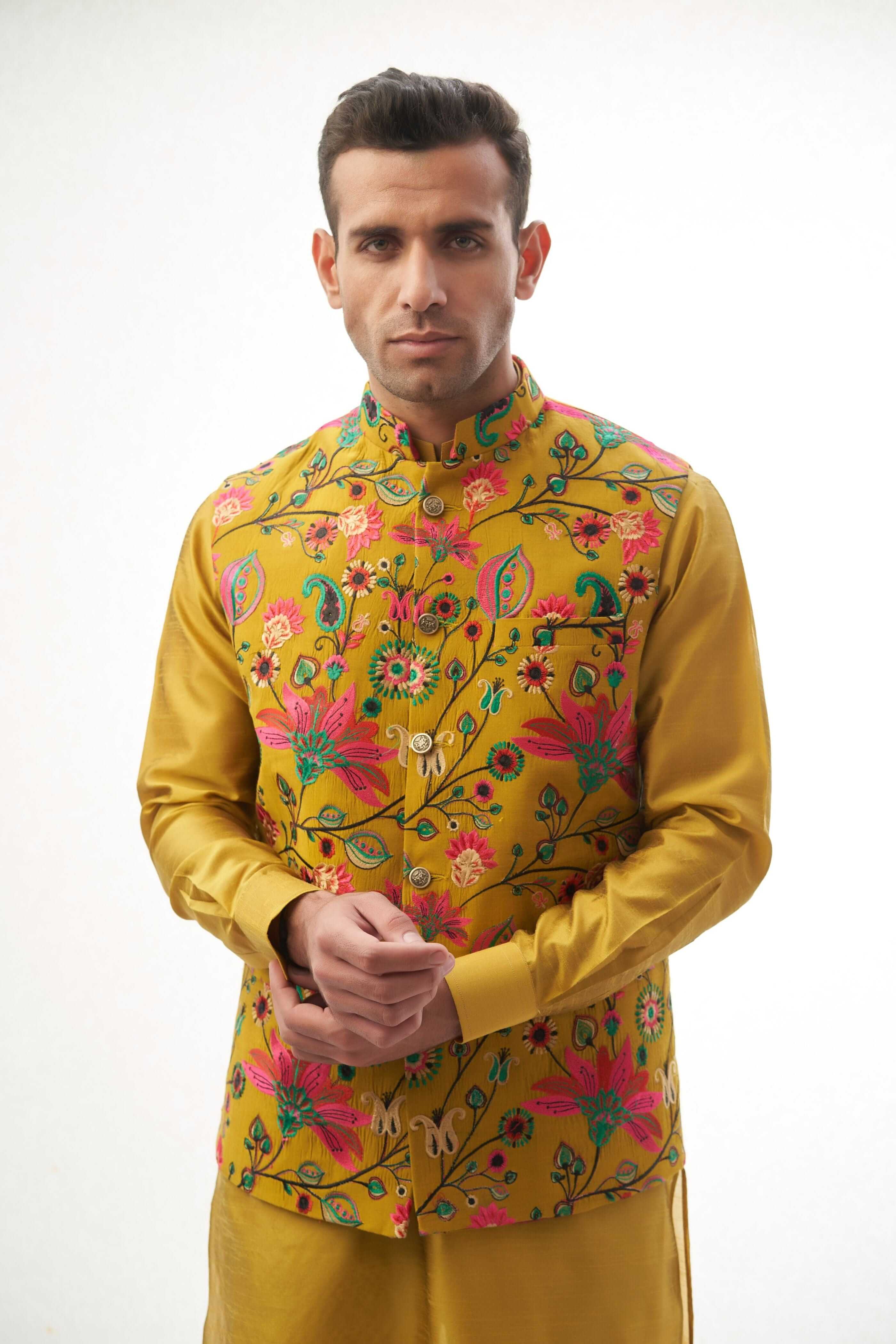 Mustard Yellow Resham Embroidered Waistcoat Kurta (3-Piece) - Image 3