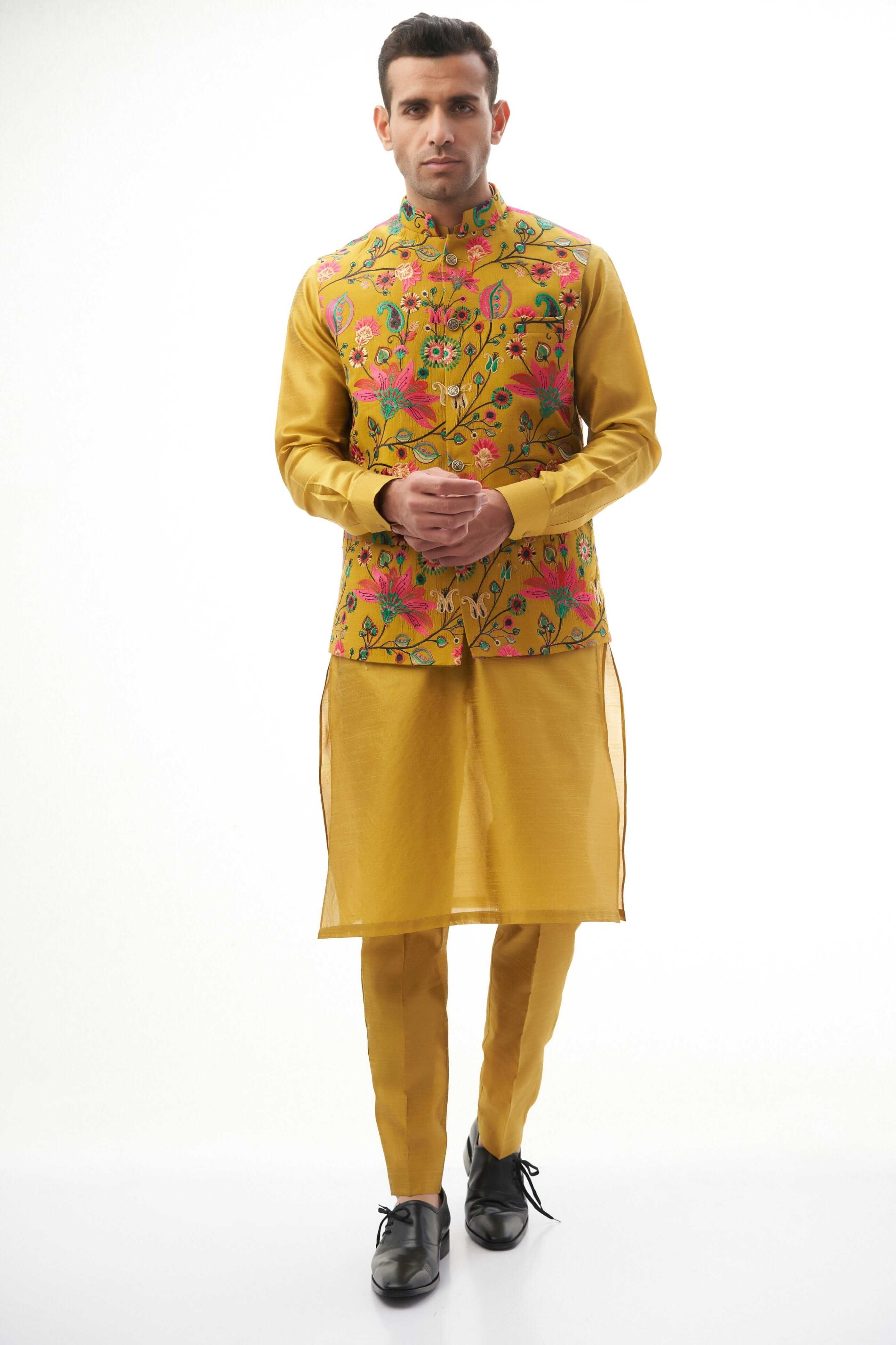 Mustard Yellow Resham Embroidered Waistcoat Kurta (3-Piece) - Image 5