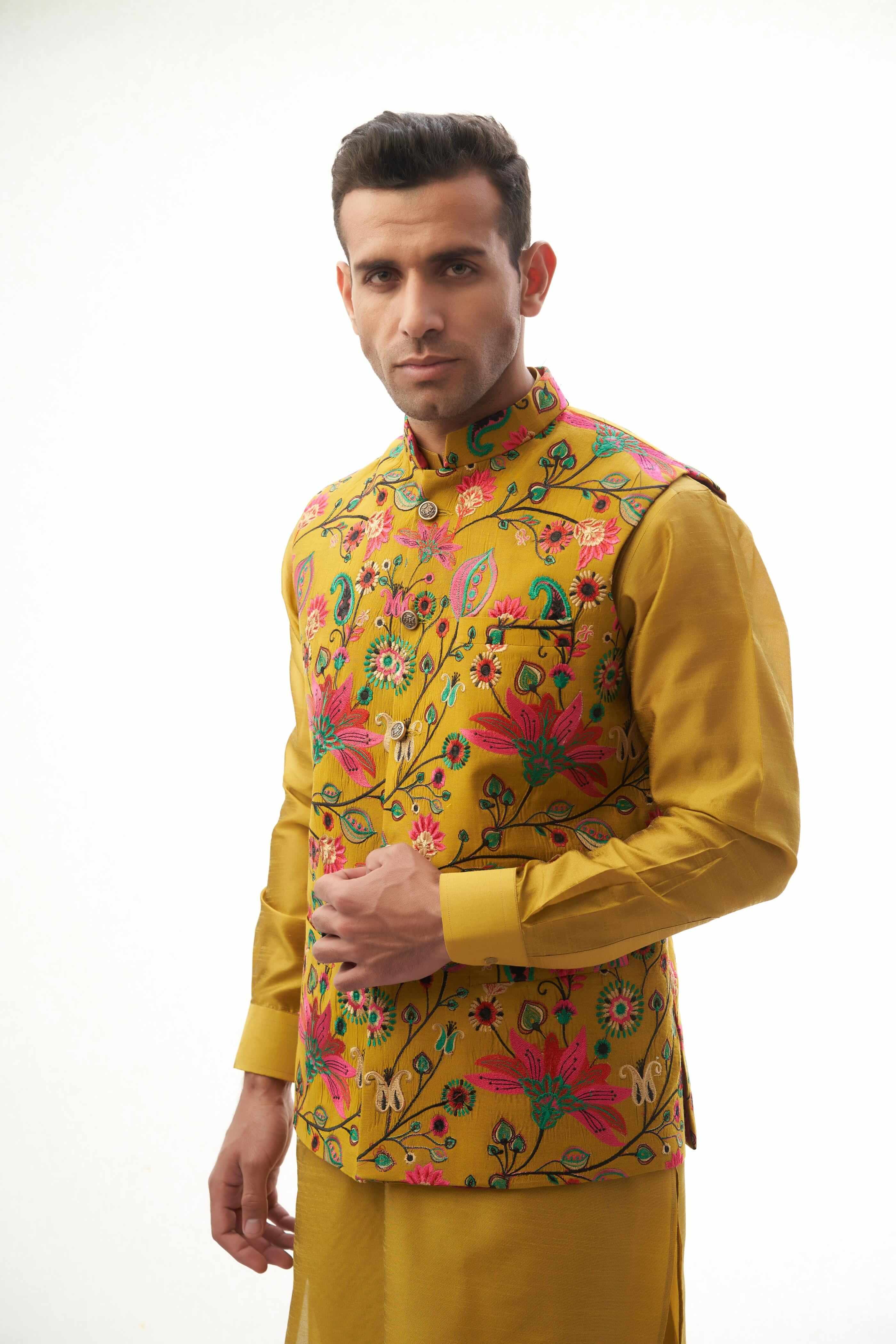 Mustard Yellow Resham Embroidered Waistcoat Kurta (3-Piece) - Image 6