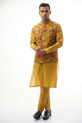 Mustard Yellow Resham Embroidered Waistcoat Kurta (3-Piece) - Image 2