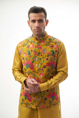Mustard Yellow Resham Embroidered Waistcoat Kurta (3-Piece) - Image 4