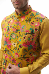 Mustard Yellow Resham Embroidered Waistcoat Kurta (3-Piece) - Image 5