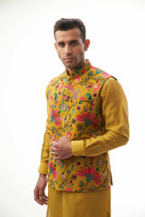 Mustard Yellow Resham Embroidered Waistcoat Kurta (3-Piece) - Image 7