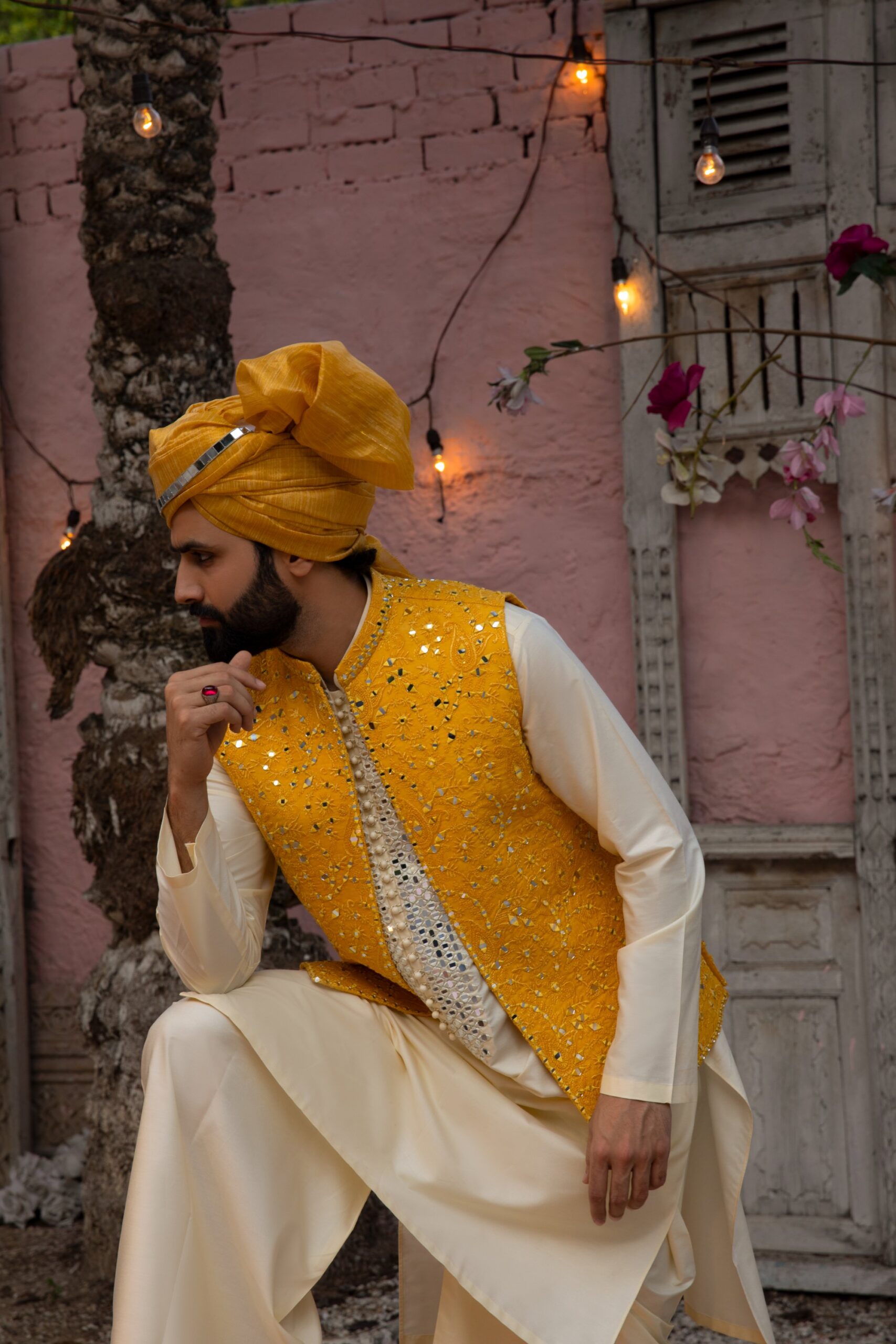 Mustard Mirror Work Waistcoat Kurta Set (3-Piece) - Image 1