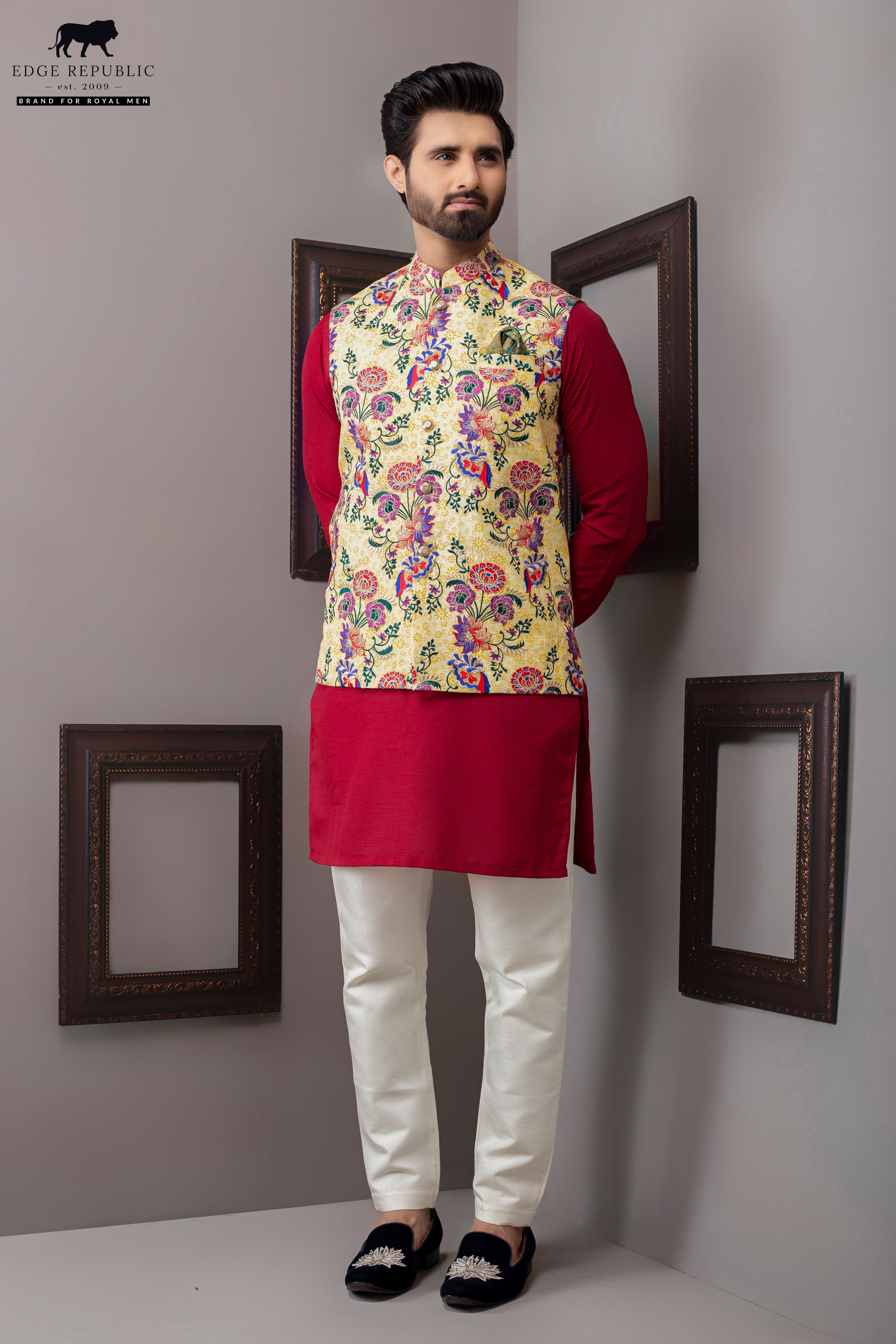 Yellow Floral Printed Cotton-Blend Waistcoat (3-Piece) - Image 1
