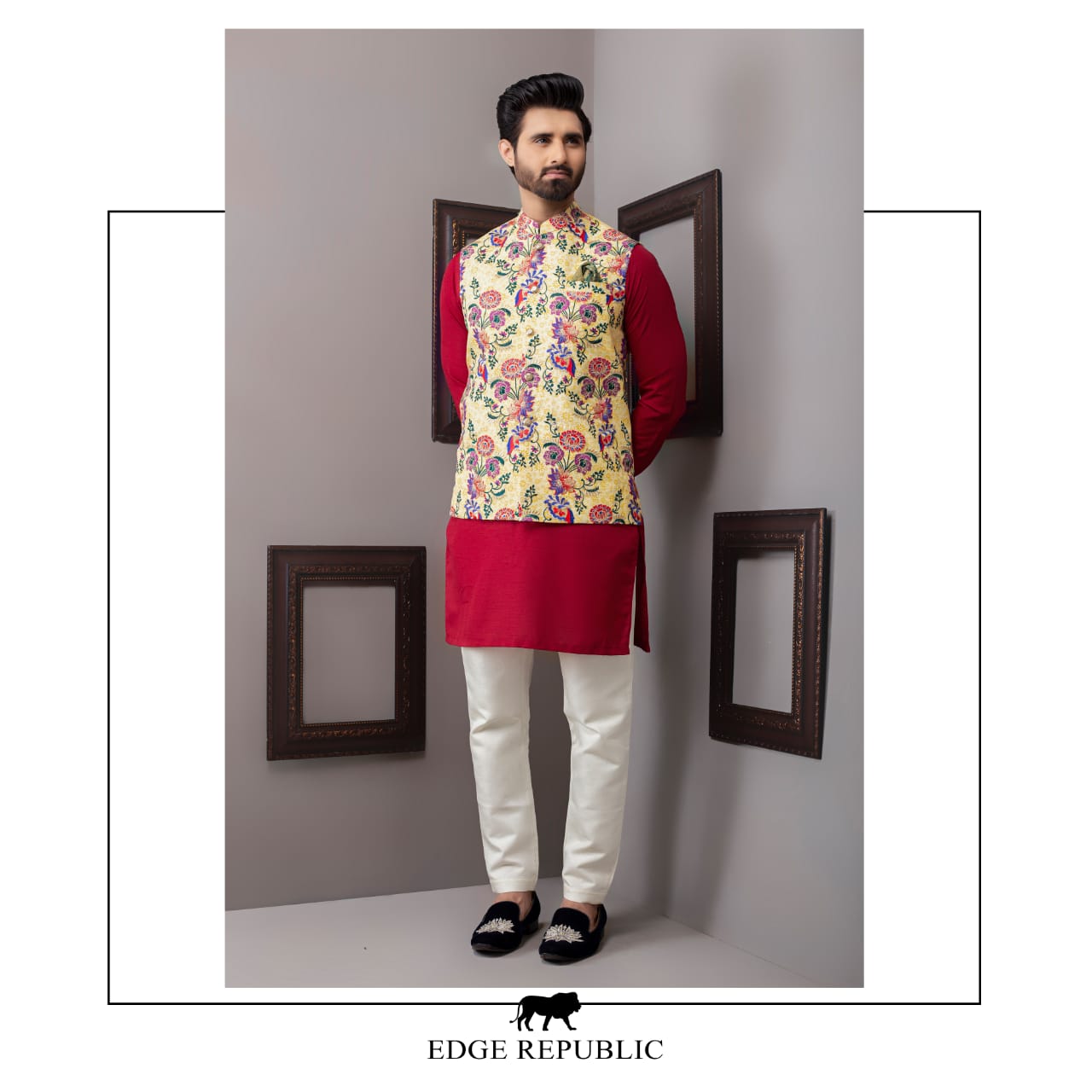 Yellow Floral Printed Cotton-Blend Waistcoat (3-Piece) - Image 2