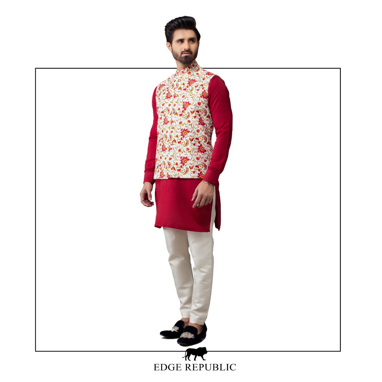 Yellow Floral Printed Cotton-Blend Waistcoat (3-Piece) - Image 3